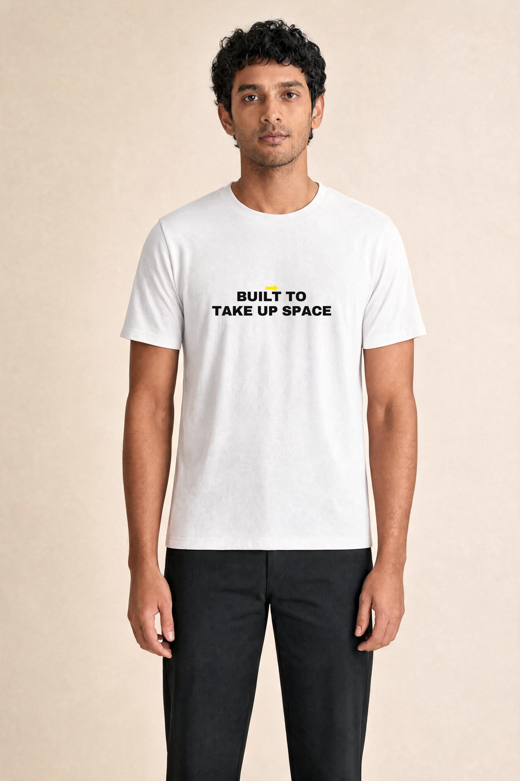 Built To Take Up Space Premium Tee — Male Model (White)