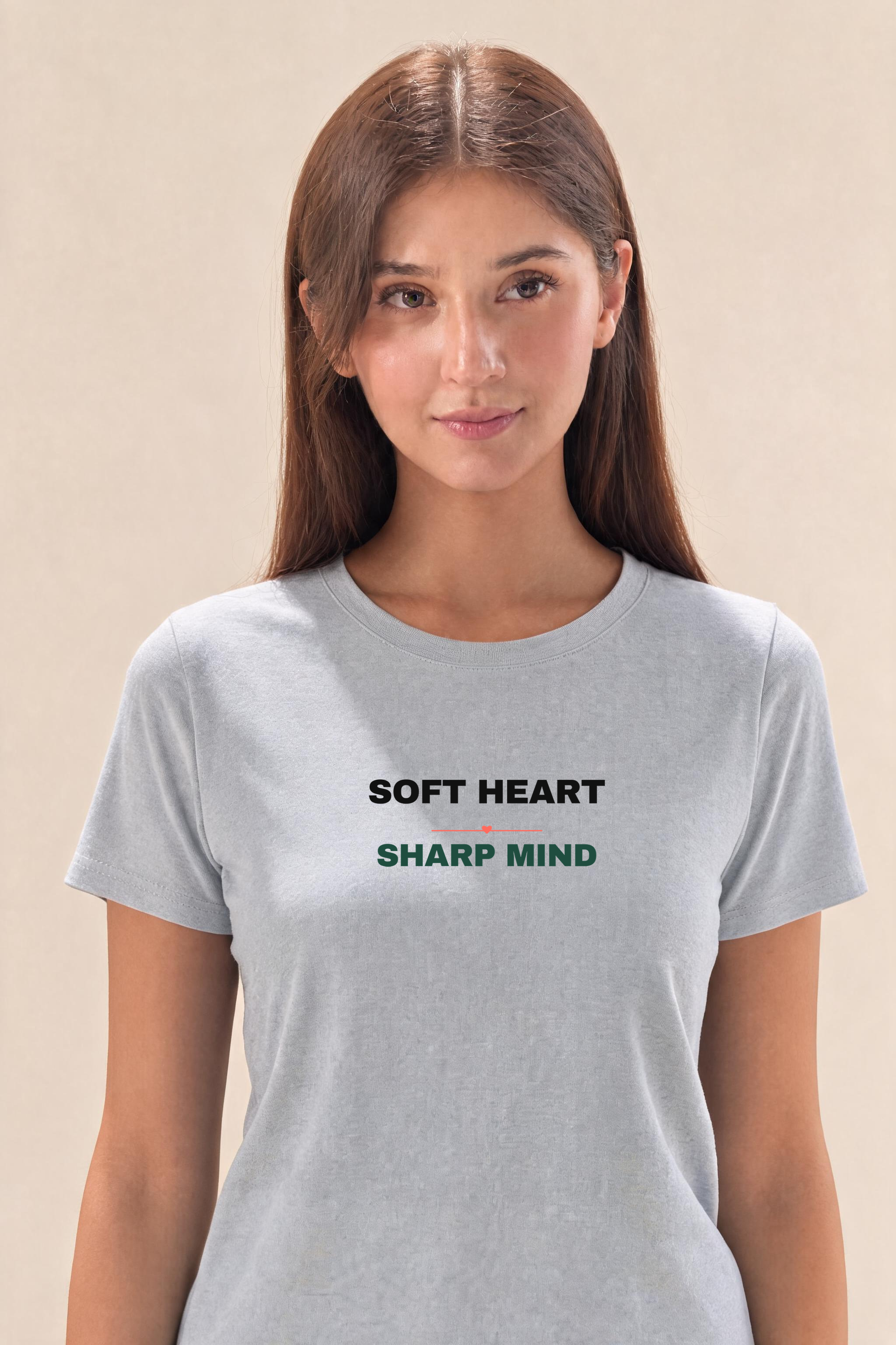 Soft Heart, Sharp Mind Premium Tee — Female Model (Gray)