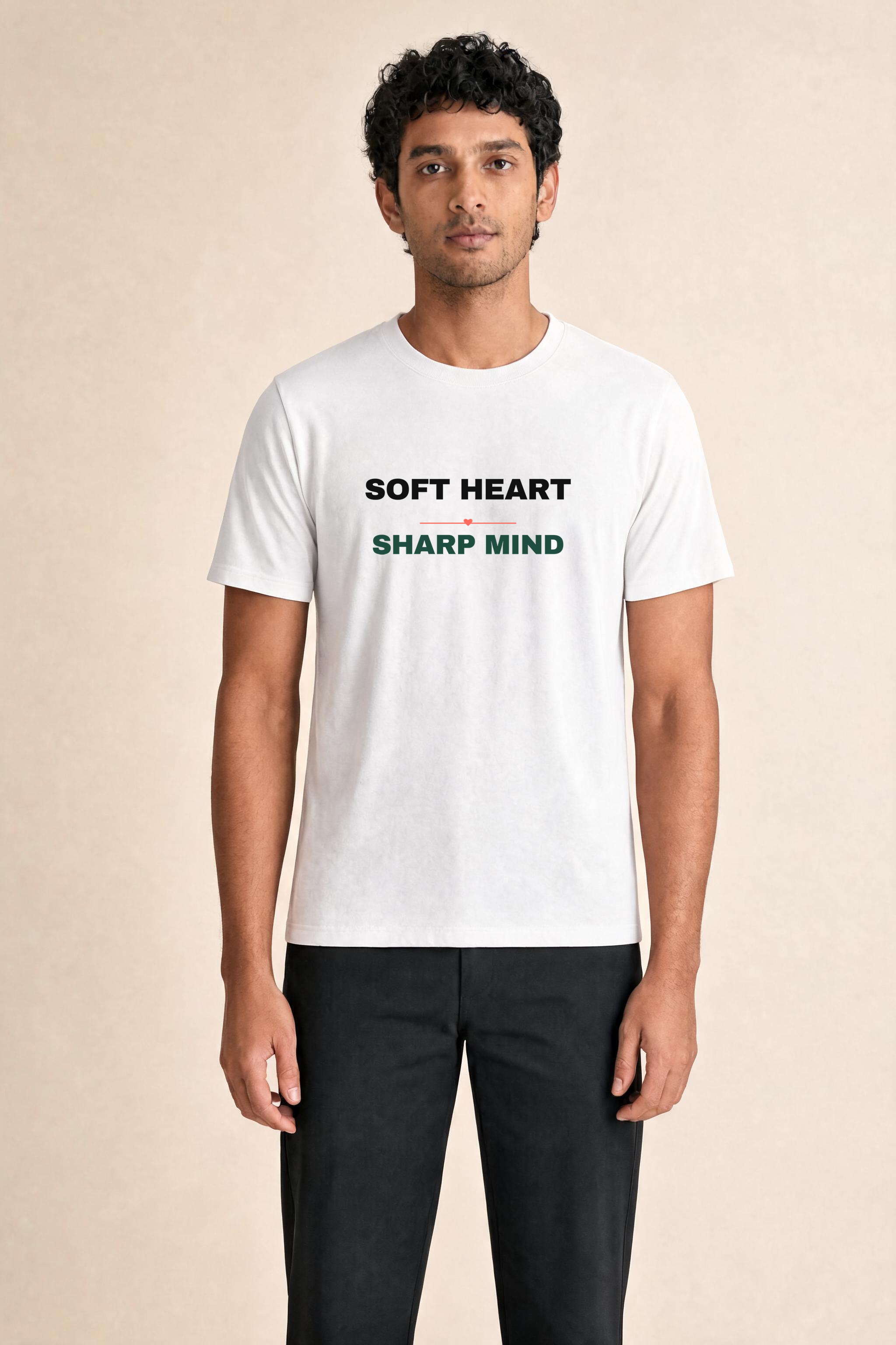 Soft Heart, Sharp Mind Premium Tee — Male Model (White)