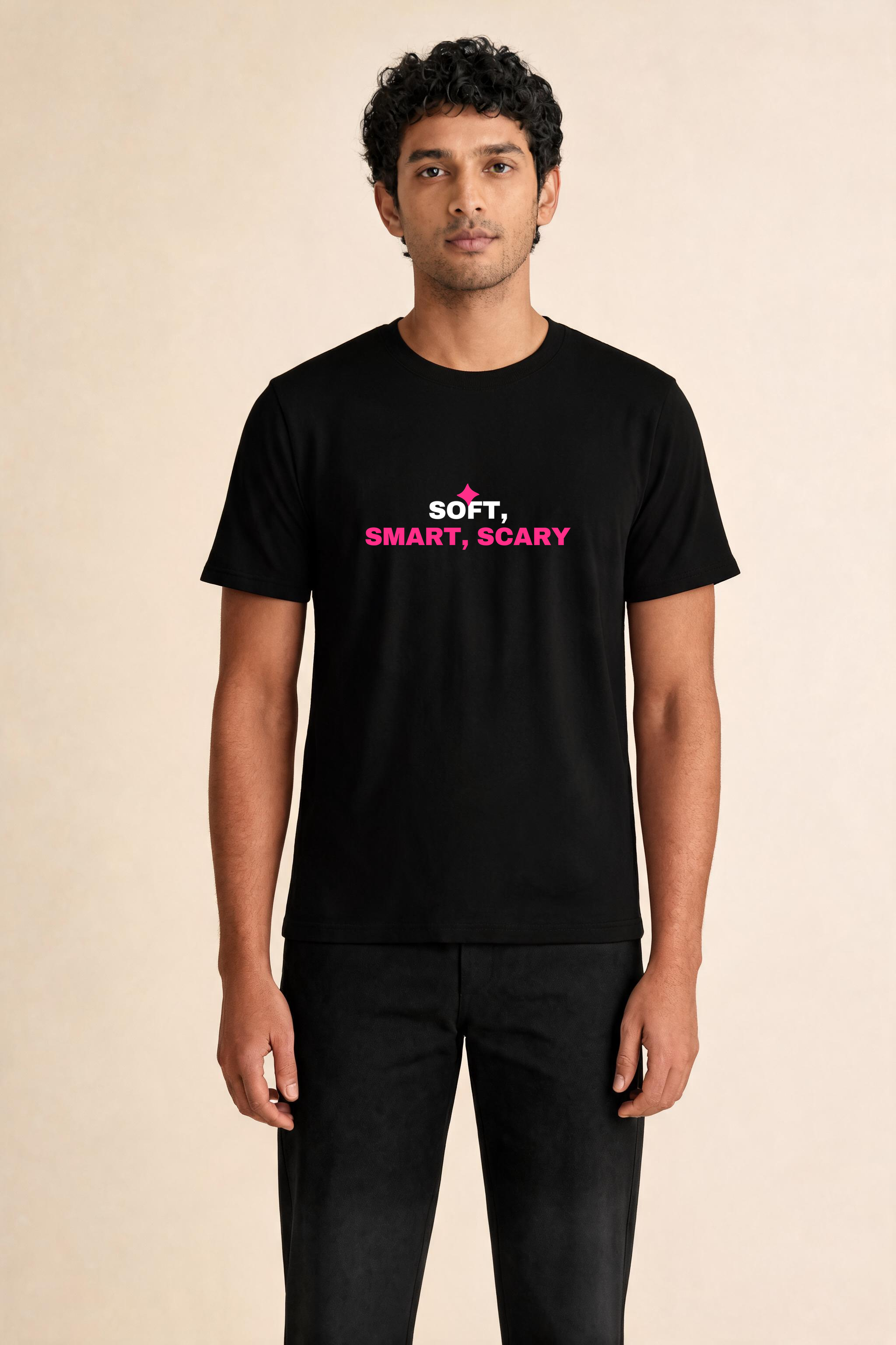 Soft, Smart, Scary Premium Tee — Male Model (Black)