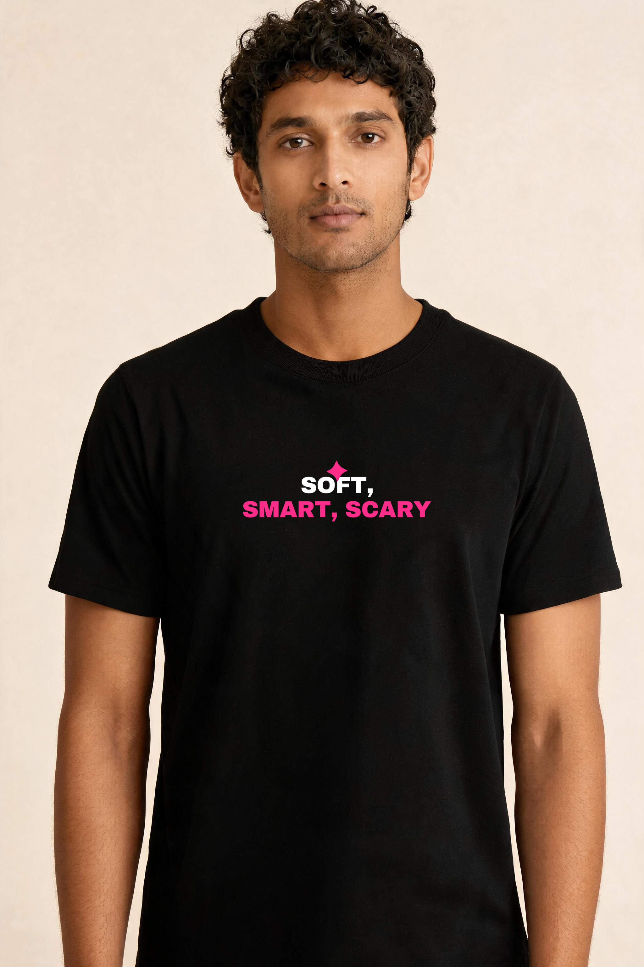 Soft, Smart, Scary Premium Tee — Male Model (Black)