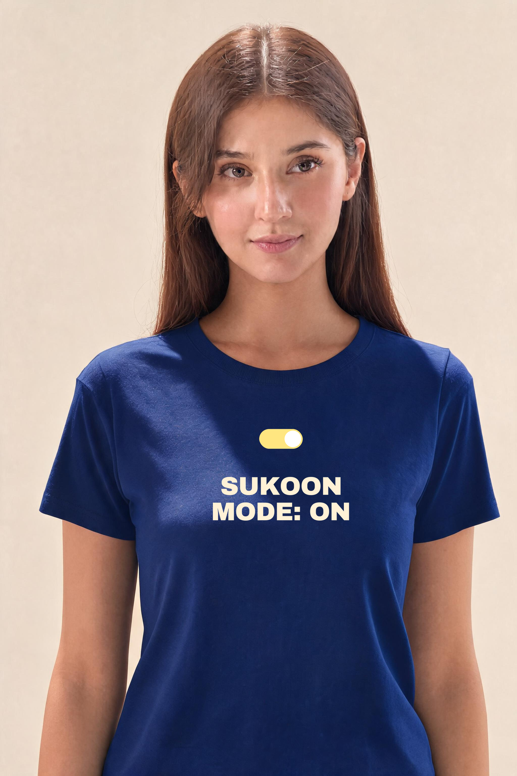 Sukoon Mode On Premium Tee — Female Model (Navy Blue)