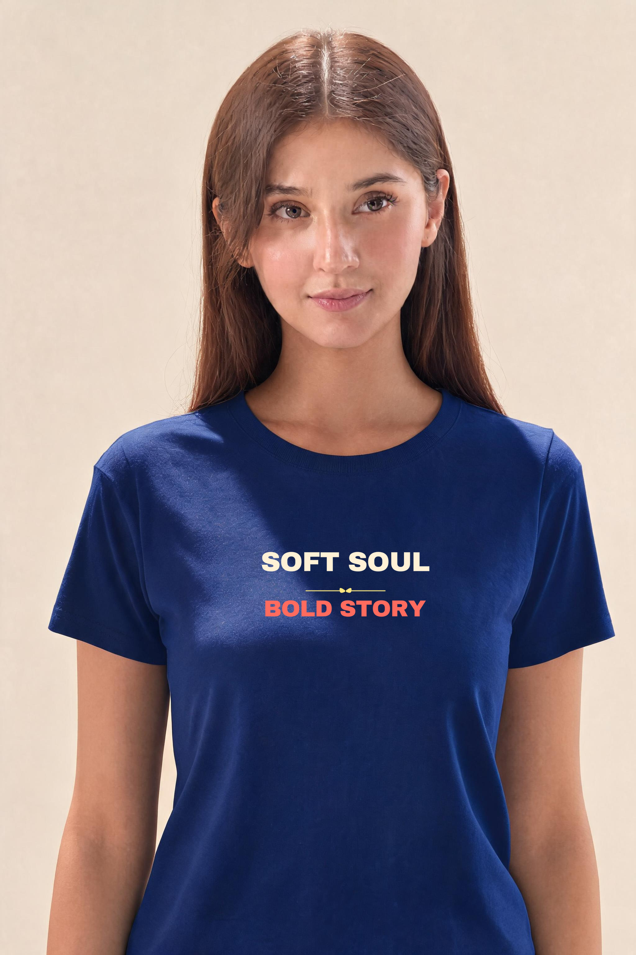 Soft Soul, Bold Story Premium Tee — Female Model (Navy Blue)