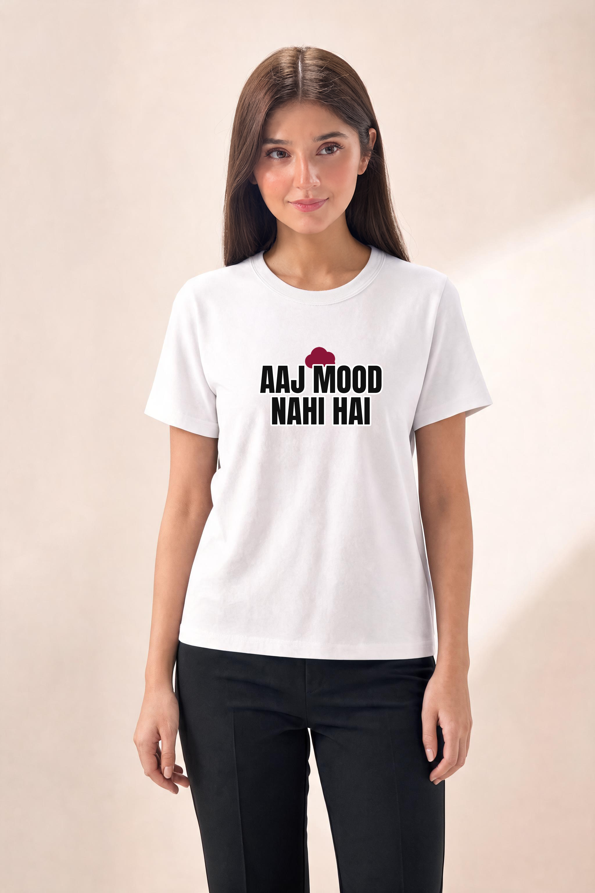 Aajmoodnahihai Premium Tee — Female Model (White)