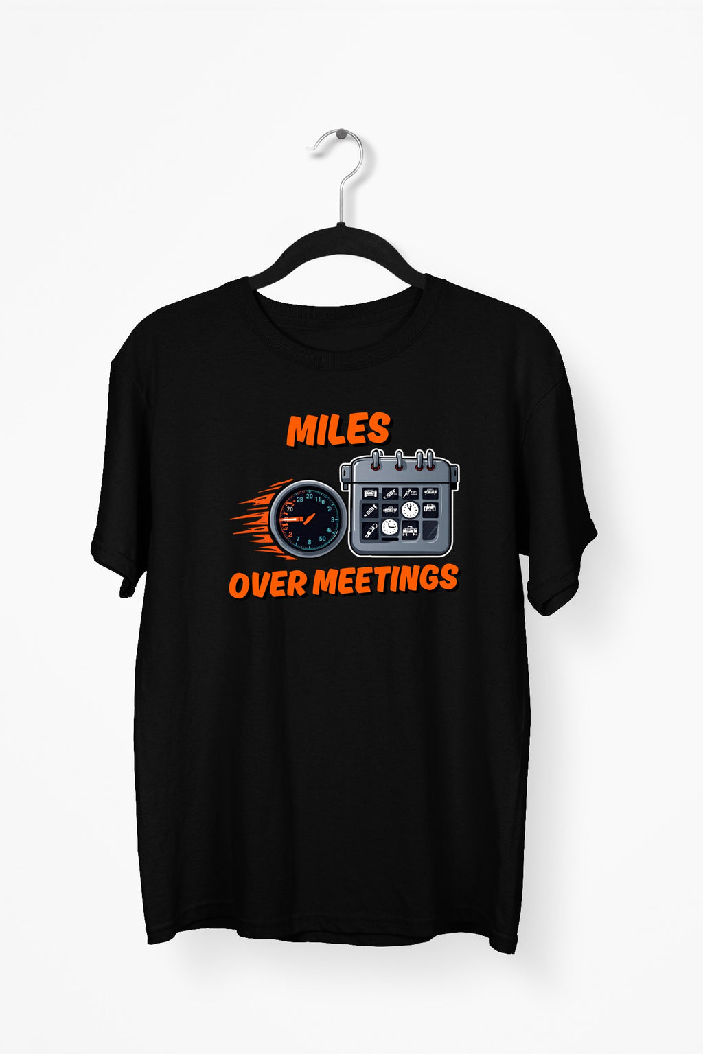 Miles Over Meetings Premium Tee - Black flat mockup