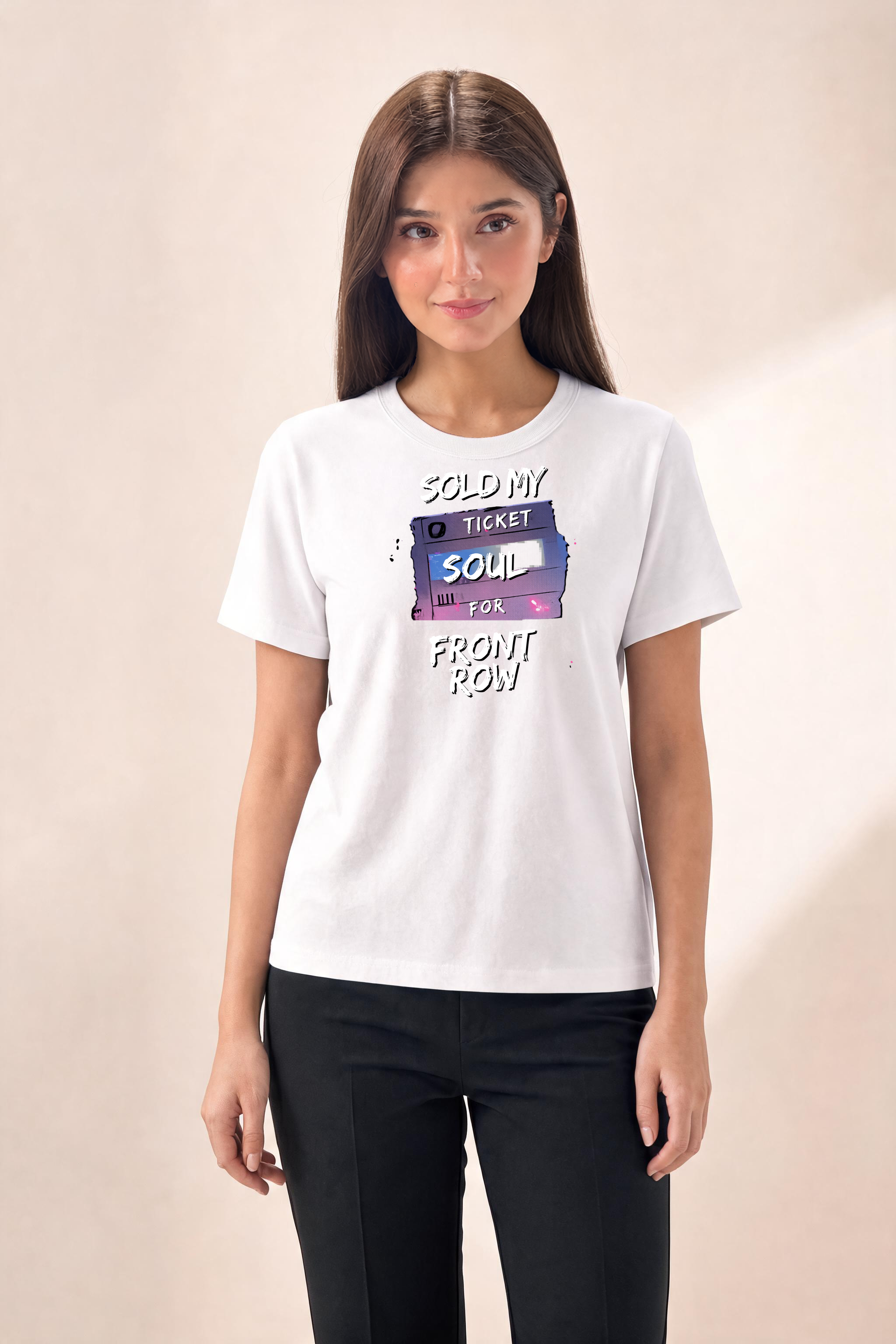Bold Edgy Text Over Concert Ticket Premium Tee — Female Model (White)