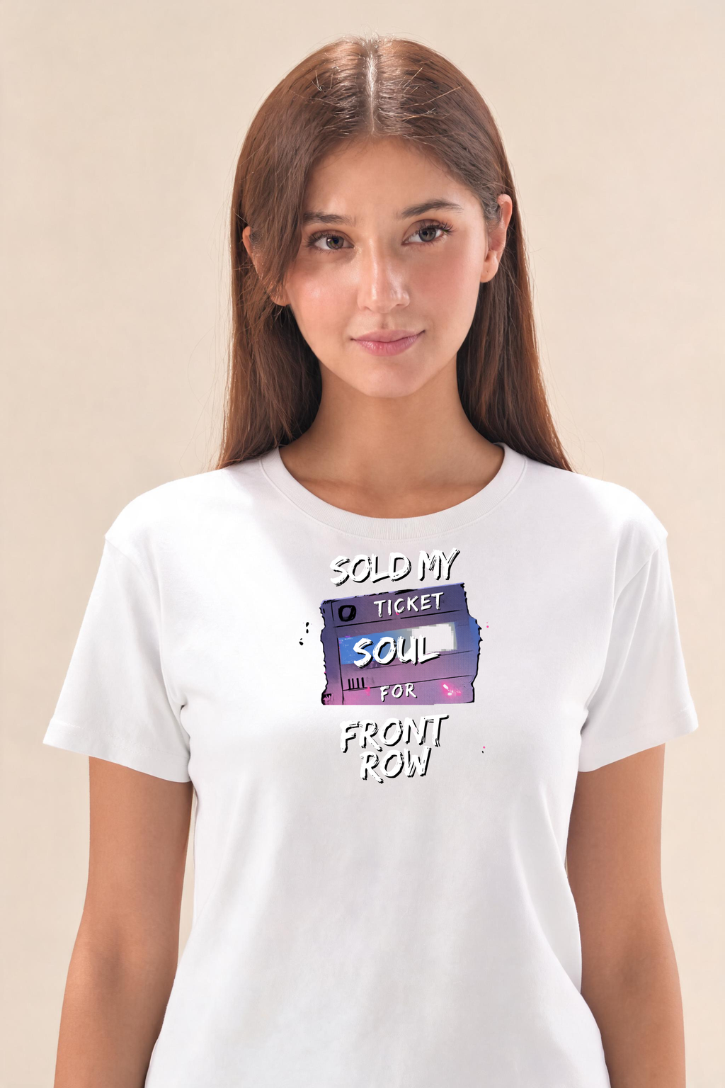Bold Edgy Text Over Concert Ticket Premium Tee — Female Model (White)