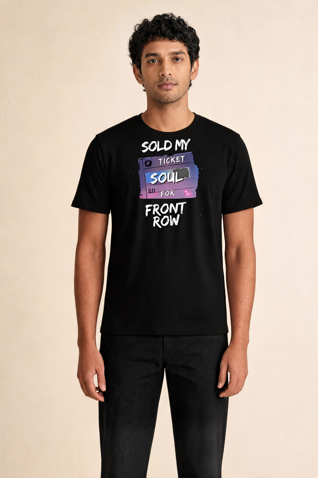 Bold Edgy Text Over Concert Ticket Premium Tee — Male Model (Black)