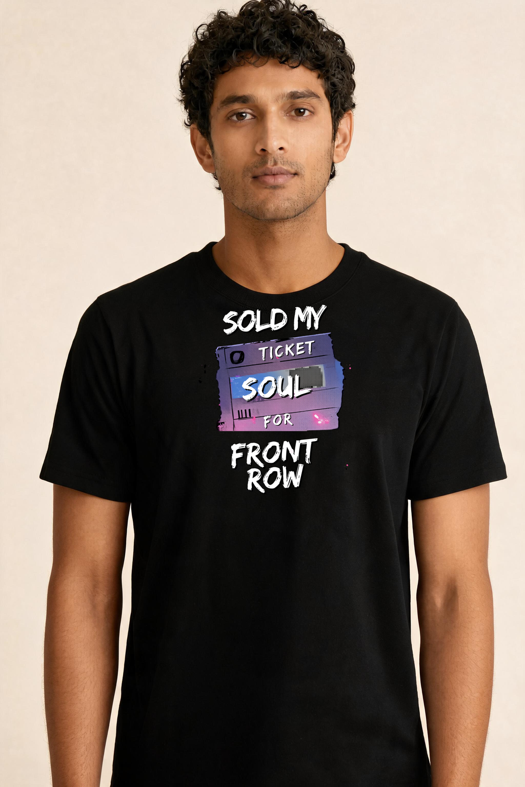 Bold Edgy Text Over Concert Ticket Premium Tee — Male Model (Black)