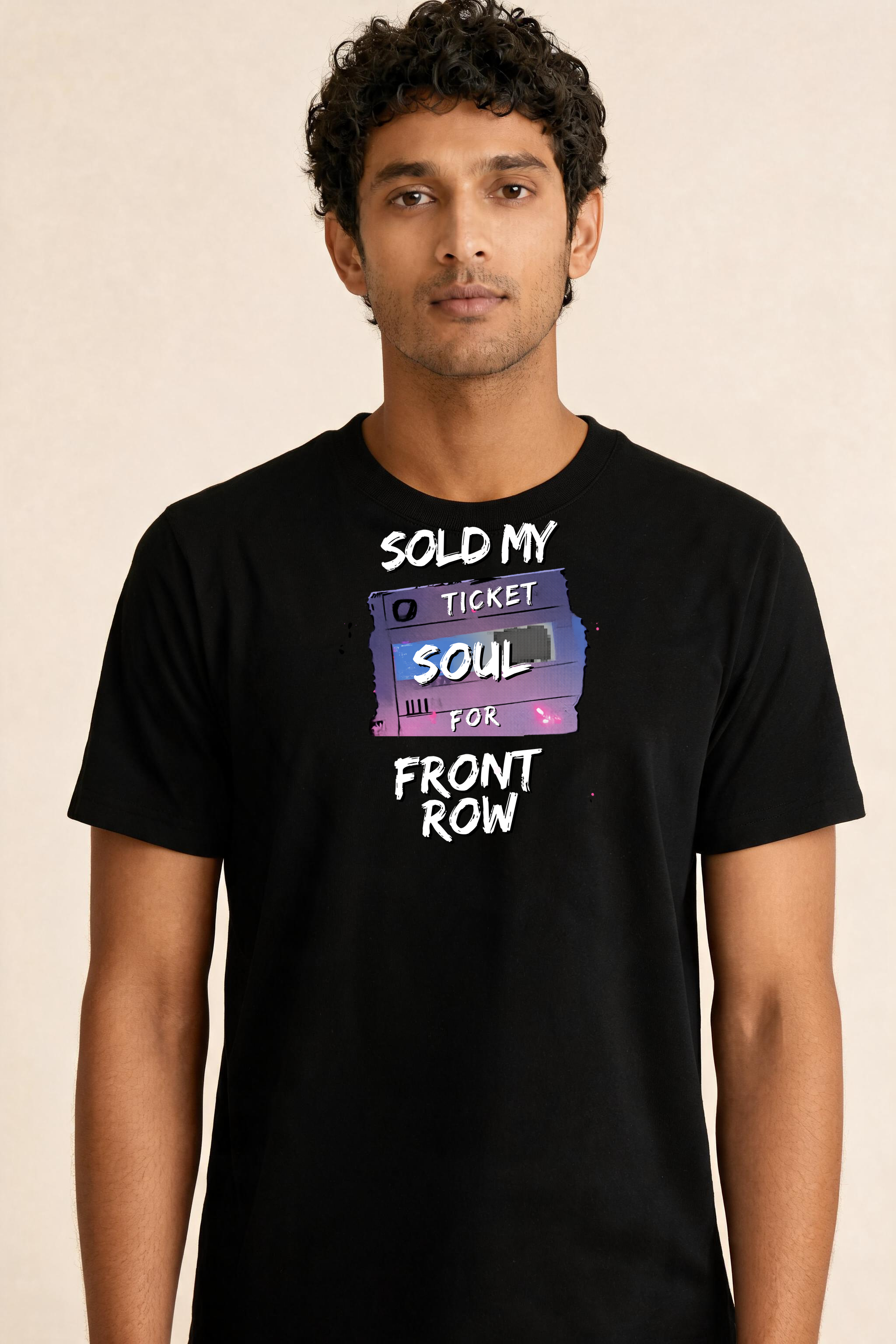 Bold Edgy Text Over Concert Ticket Premium Tee — Male Model (Black)