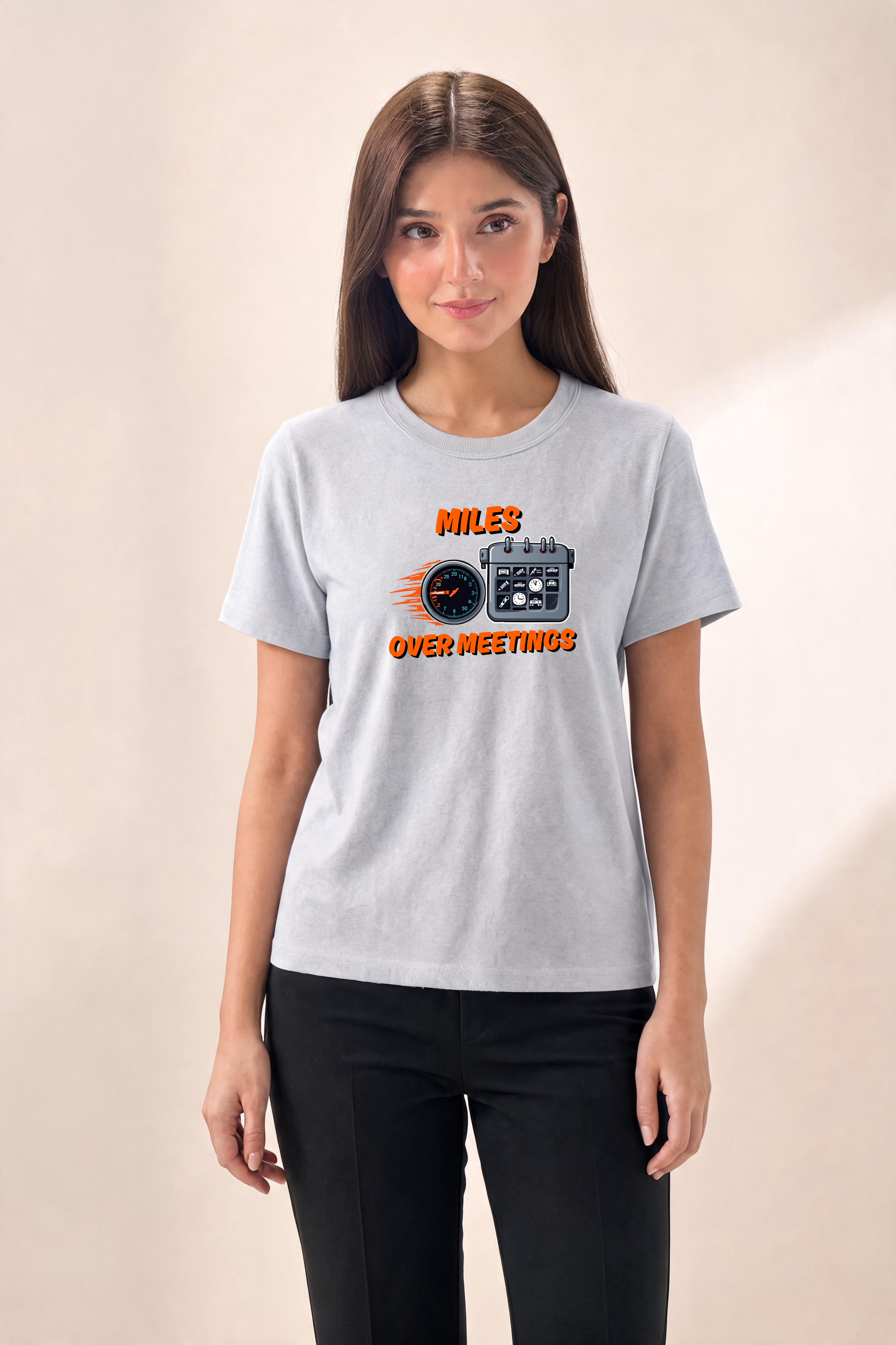 Bold Energetic Graphic Miles Over Meetings 1 Premium Tee — Female Model (Gray)