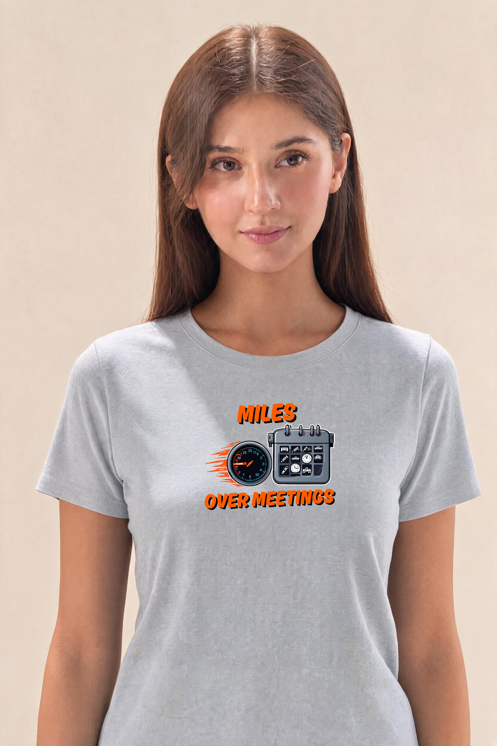 Bold Energetic Graphic Miles Over Meetings 1 Premium Tee — Female Model (Gray)