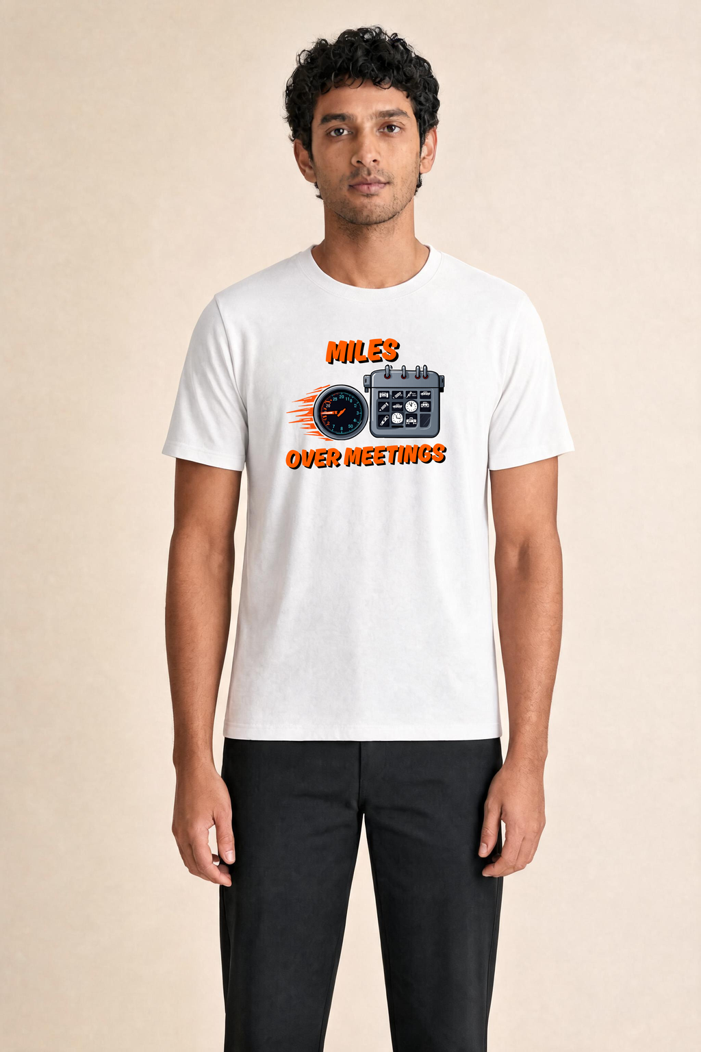Bold Energetic Graphic Miles Over Meetings 1 Premium Tee — Male Model (White)