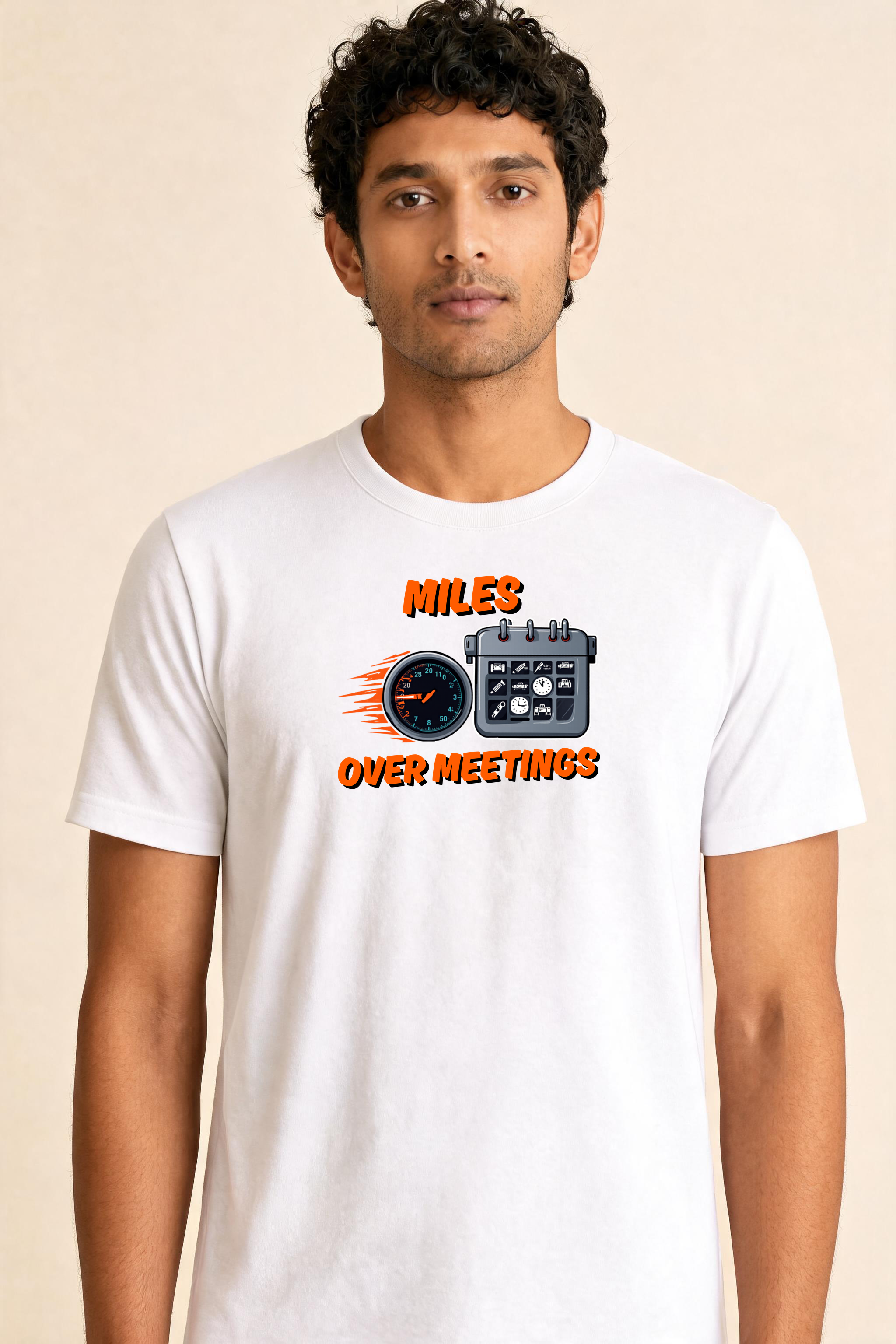 Bold Energetic Graphic Miles Over Meetings 1 Premium Tee — Male Model (White)