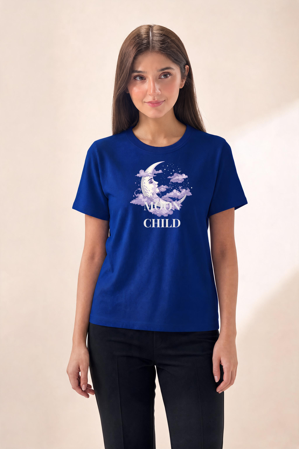 Bold Moon Child With Crescent Moon Design Premium Tee — Female Model (Navy Blue)