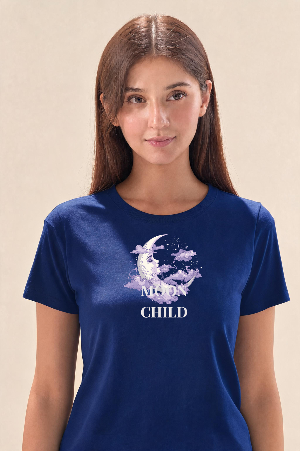 Bold Moon Child With Crescent Moon Design Premium Tee — Female Model (Navy Blue)