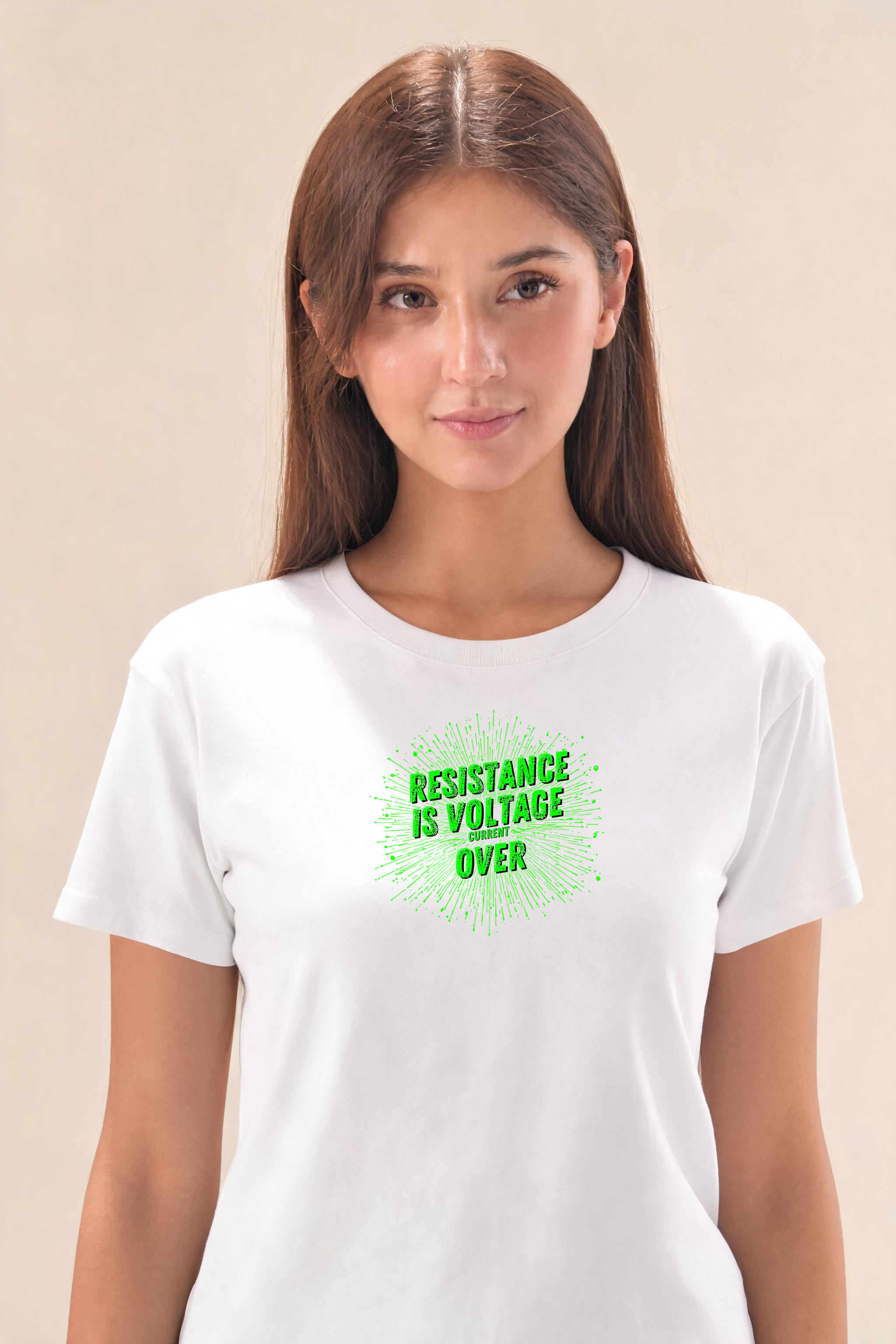 Bold Quirky T Shirt With Circuit Board Design Premium Tee — Female Model (White)