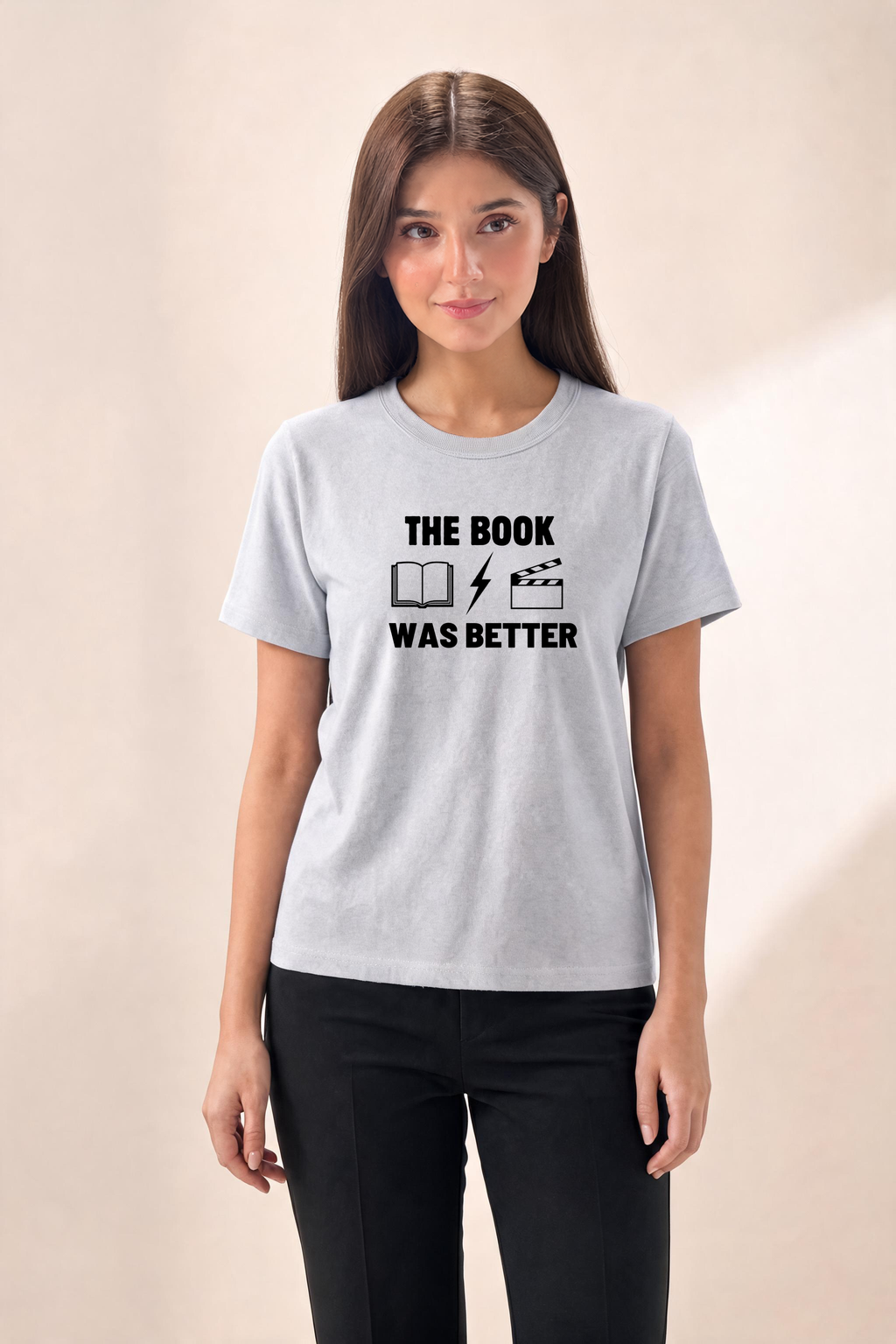 Bold Typography The Book Was Better Premium Tee — Female Model (Gray)