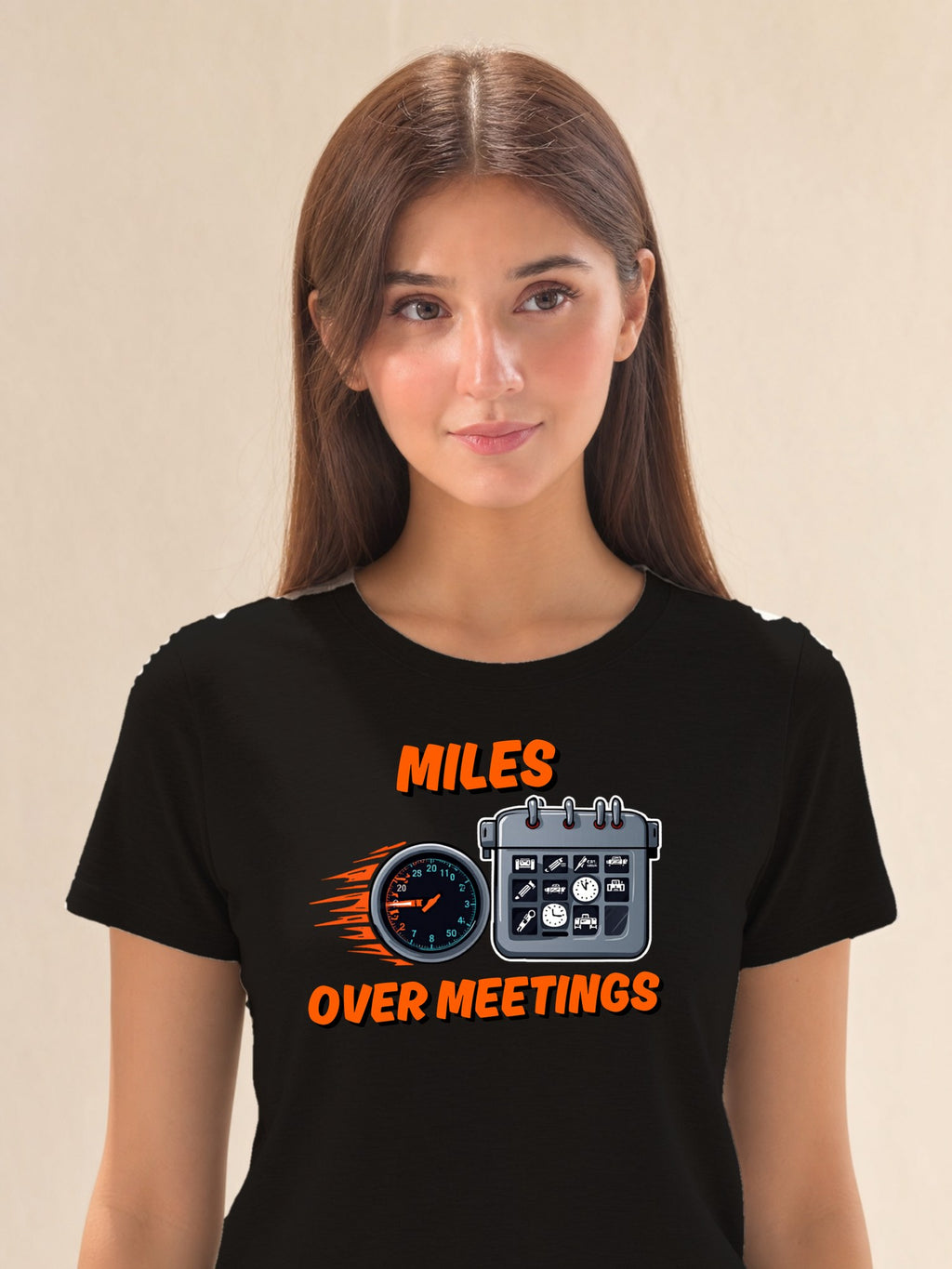 Miles Over Meetings - female model (closeup)