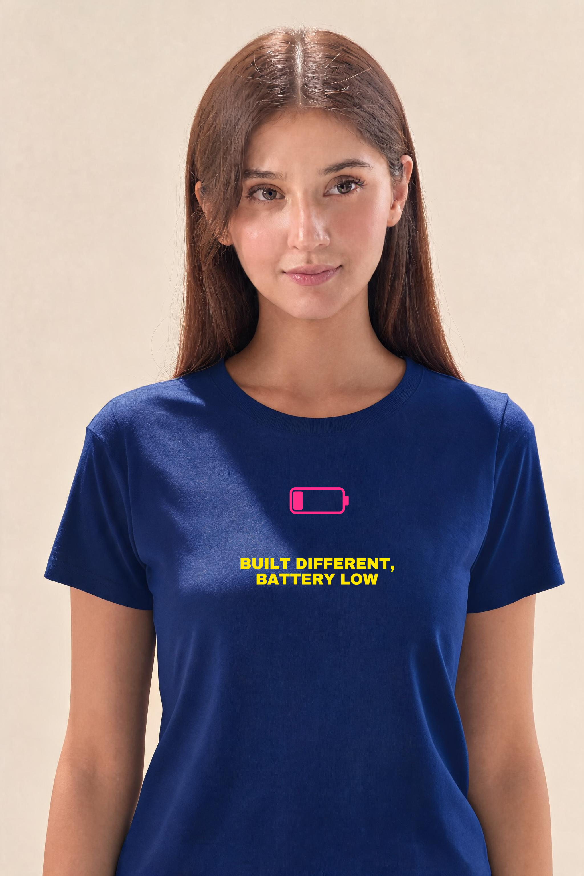 Builtdifferentbatterylow Premium Tee — Female Model (Navy Blue)