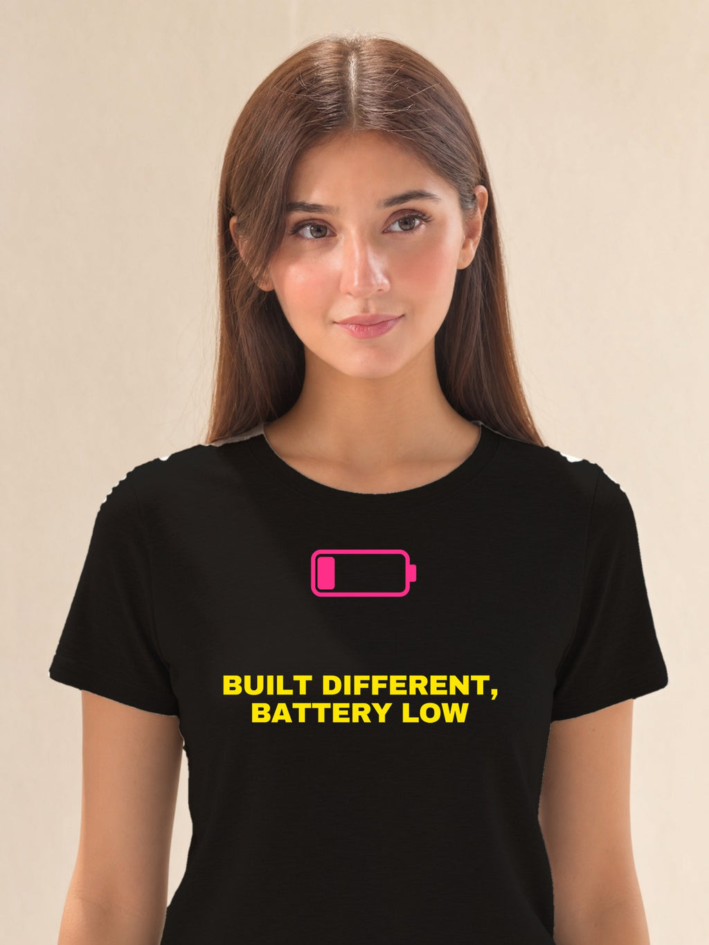 Built Different Battery Low - female model (closeup)
