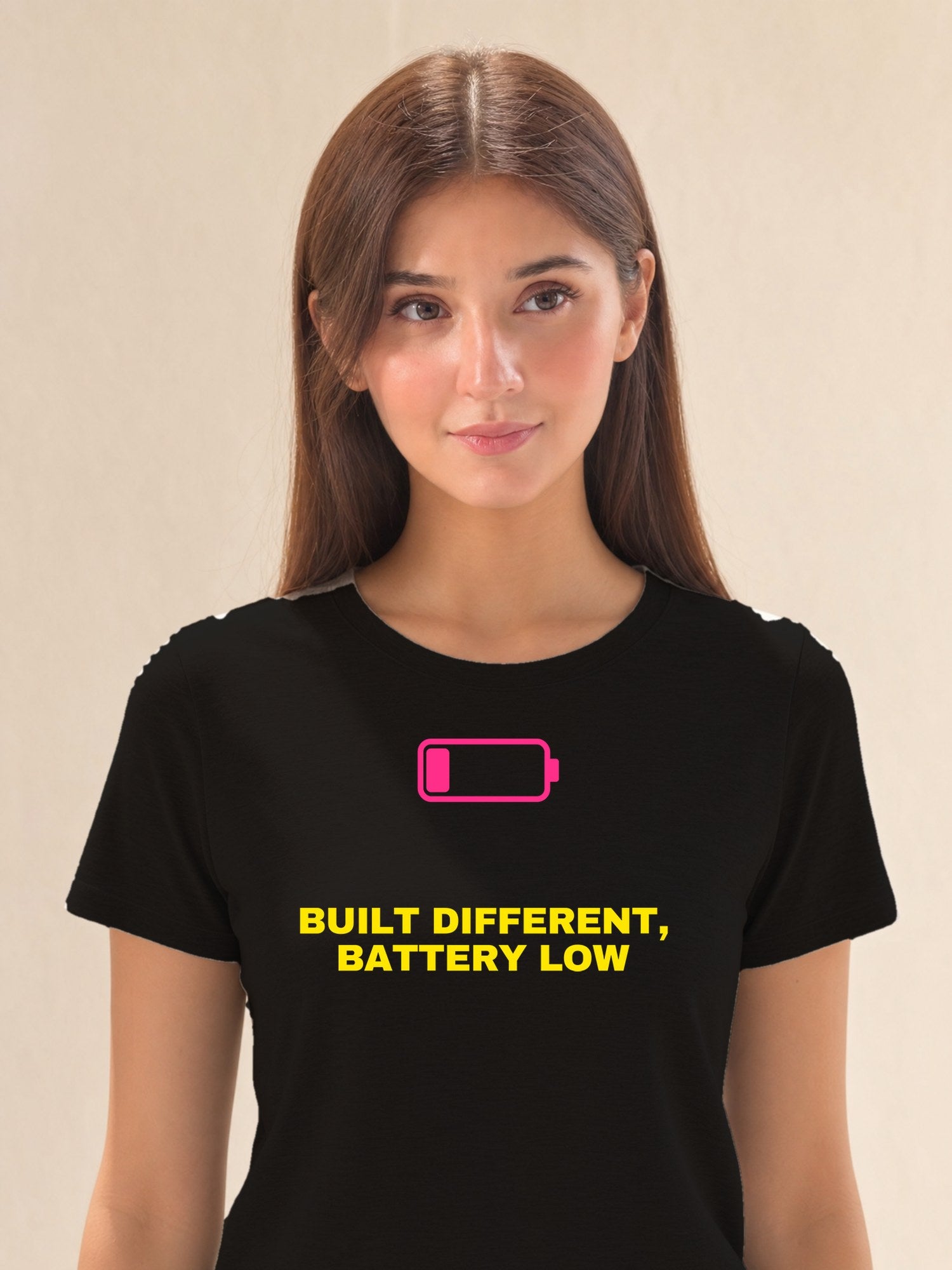 Built Different Battery Low - female model (closeup)