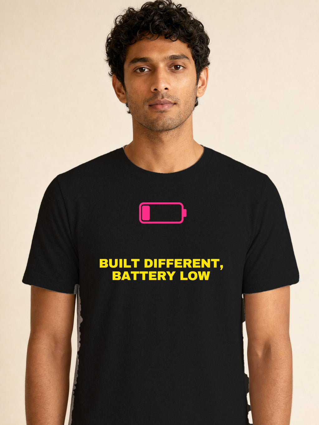 Built Different Battery Low - male model (closeup)