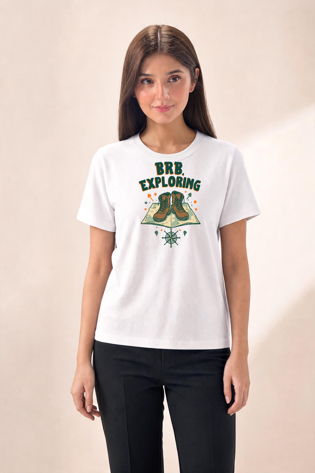Casual And Playful Exploration T Shirt Design Premium Tee — Female Model (White)