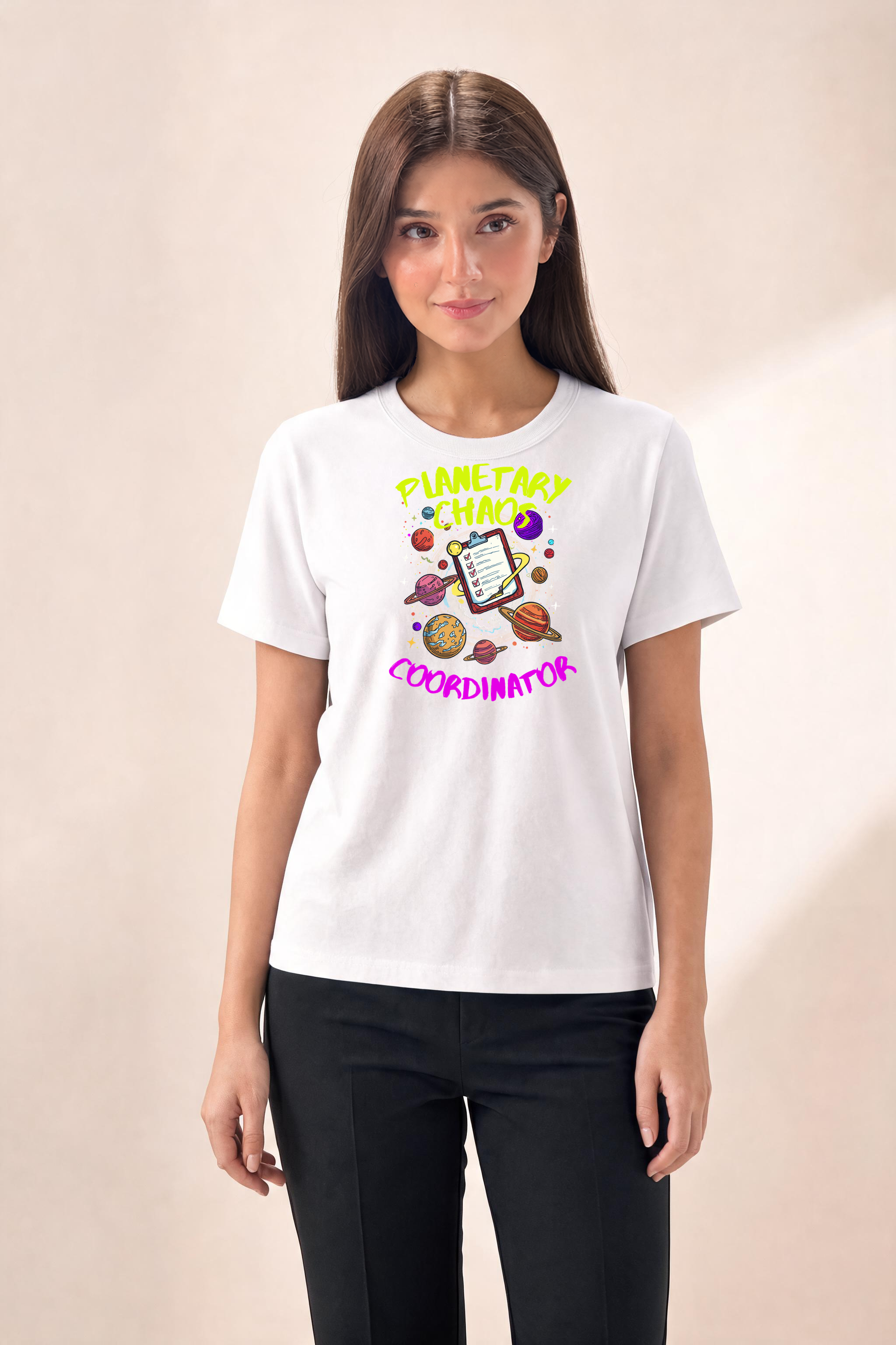 Chaotic Solar System With Clipboard 1 Premium Tee — Female Model (White)