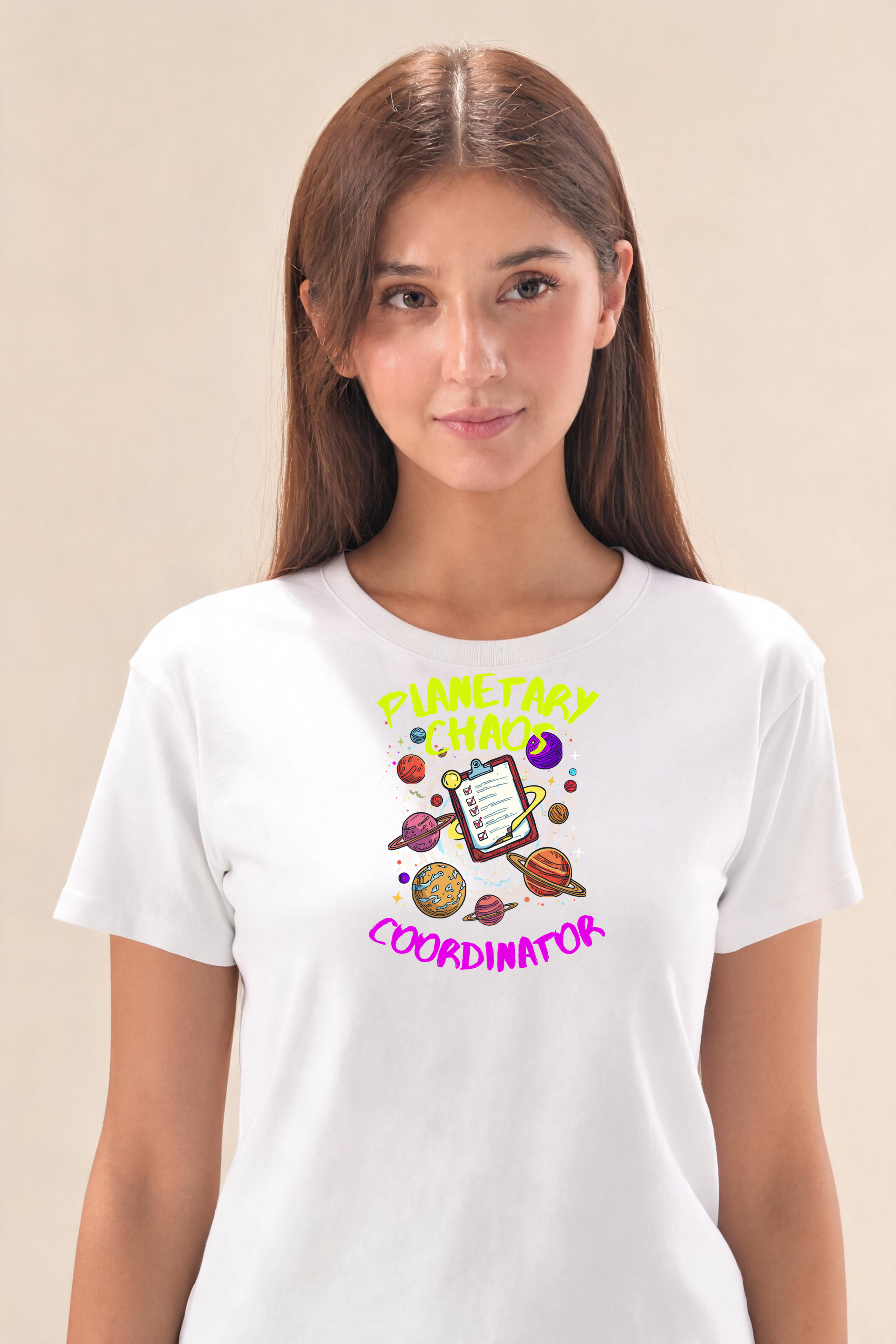 Chaotic Solar System With Clipboard 1 Premium Tee — Female Model (White)
