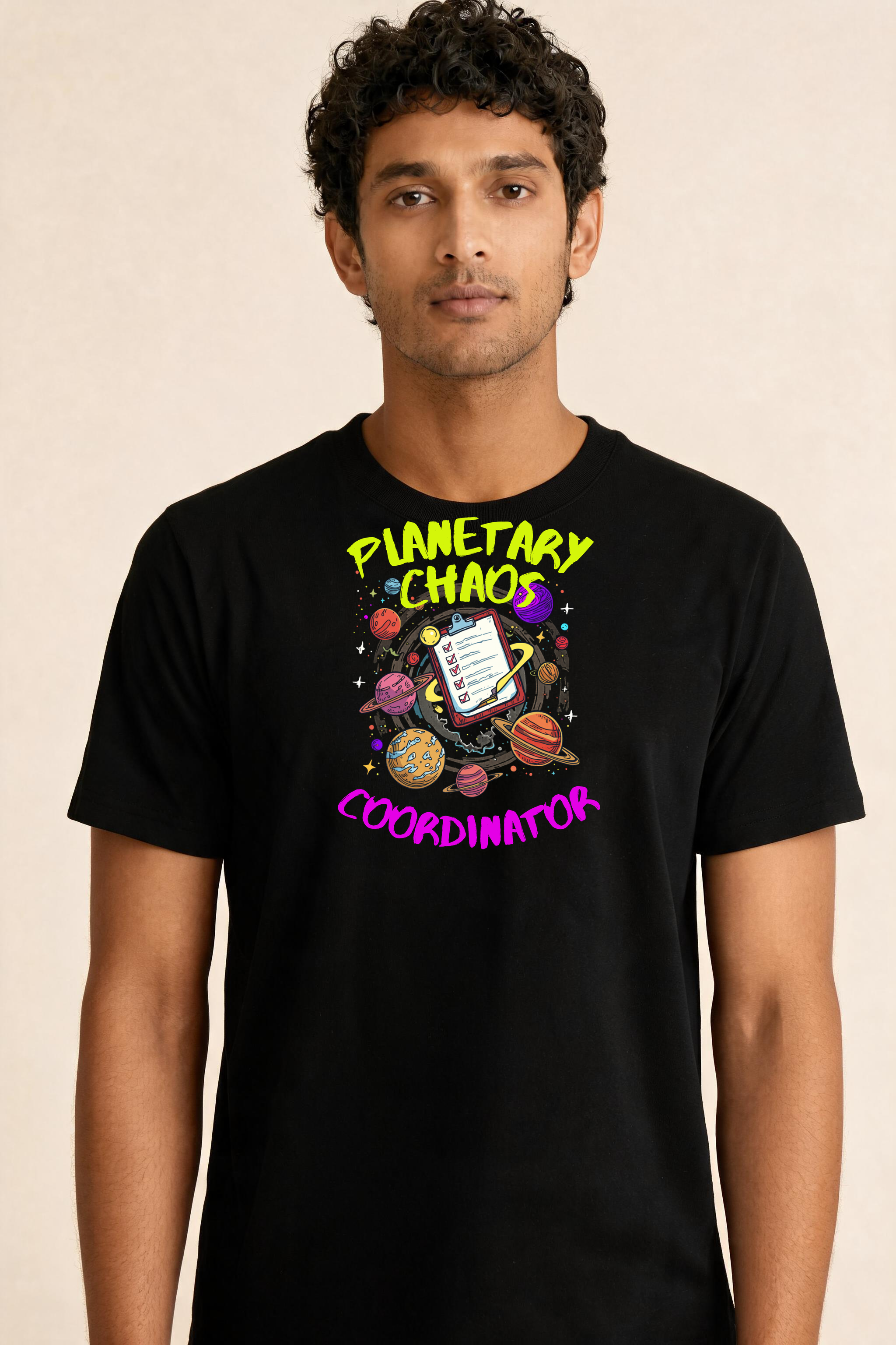 Chaotic Solar System With Clipboard 1 Premium Tee — Male Model (Black)
