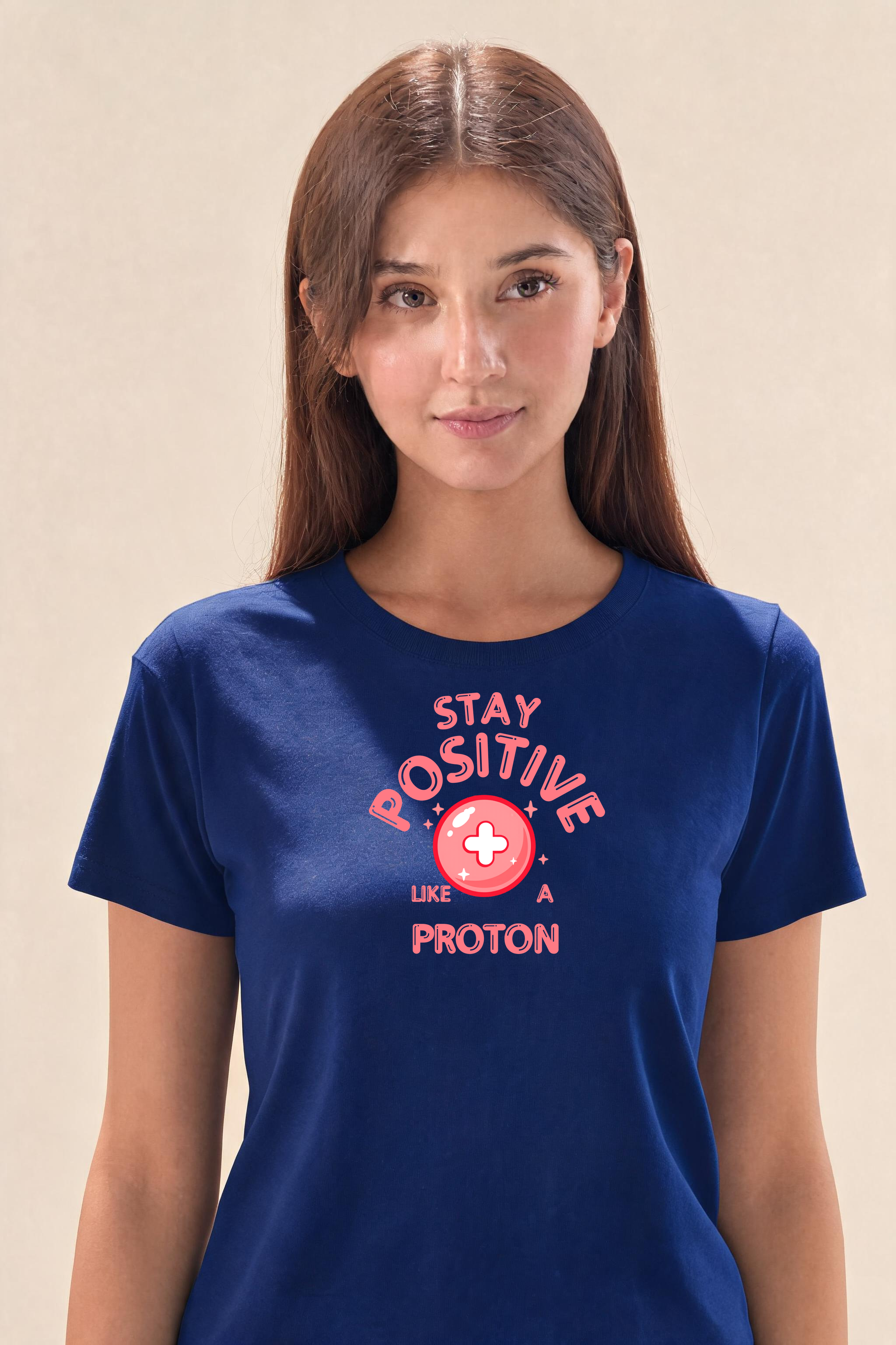 Cheerful Proton T Shirt Design Premium Tee — Female Model (Navy Blue)