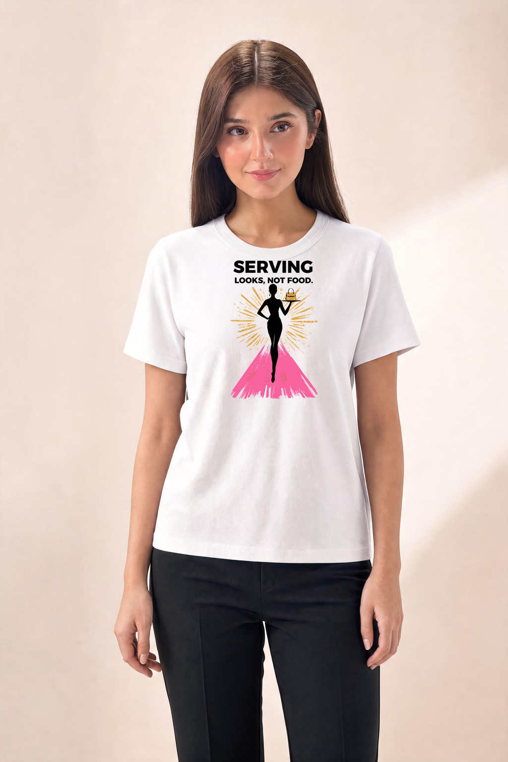Chic Model With Handbag T Shirt Design Premium Tee — Female Model (White)