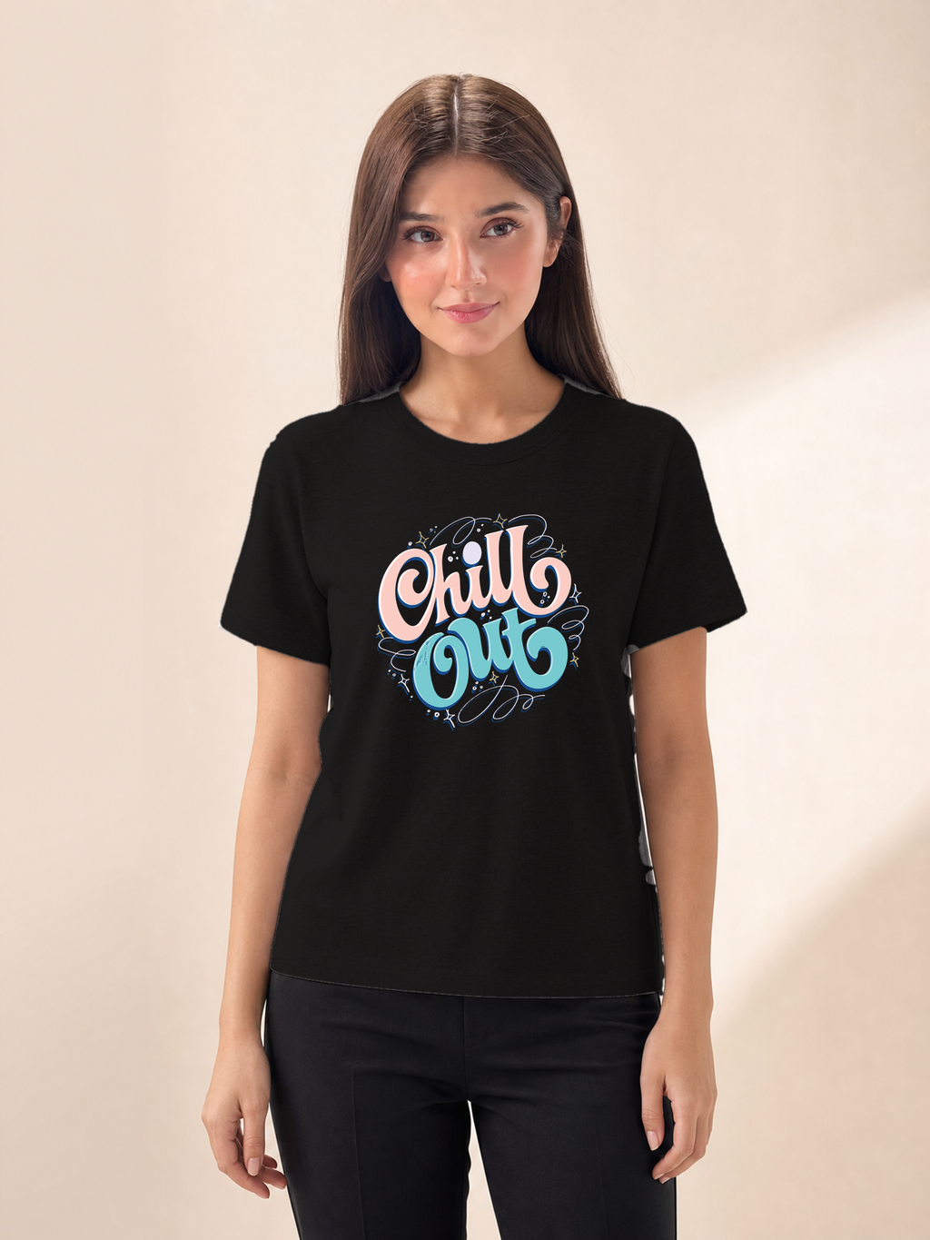 Chill Out Premium Tee — Female model, full body, Black