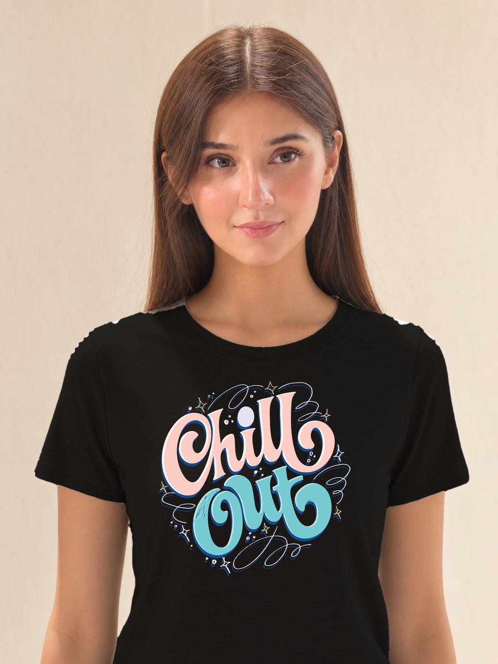 Chill Out Premium Tee — Female model, closeup, Black
