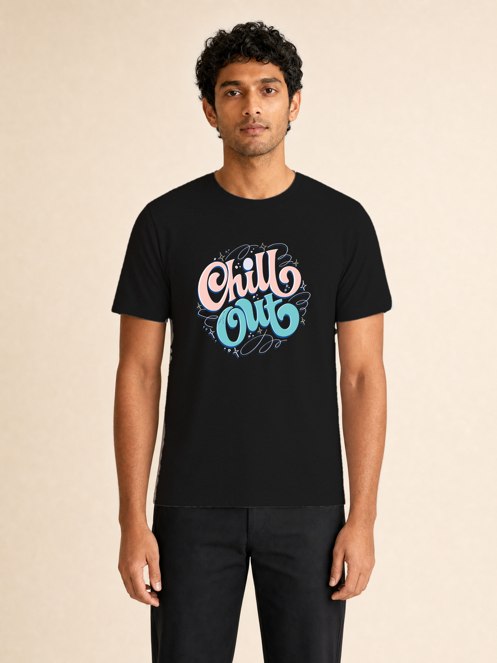 Chill Out Premium Tee — Male model, full body, Black