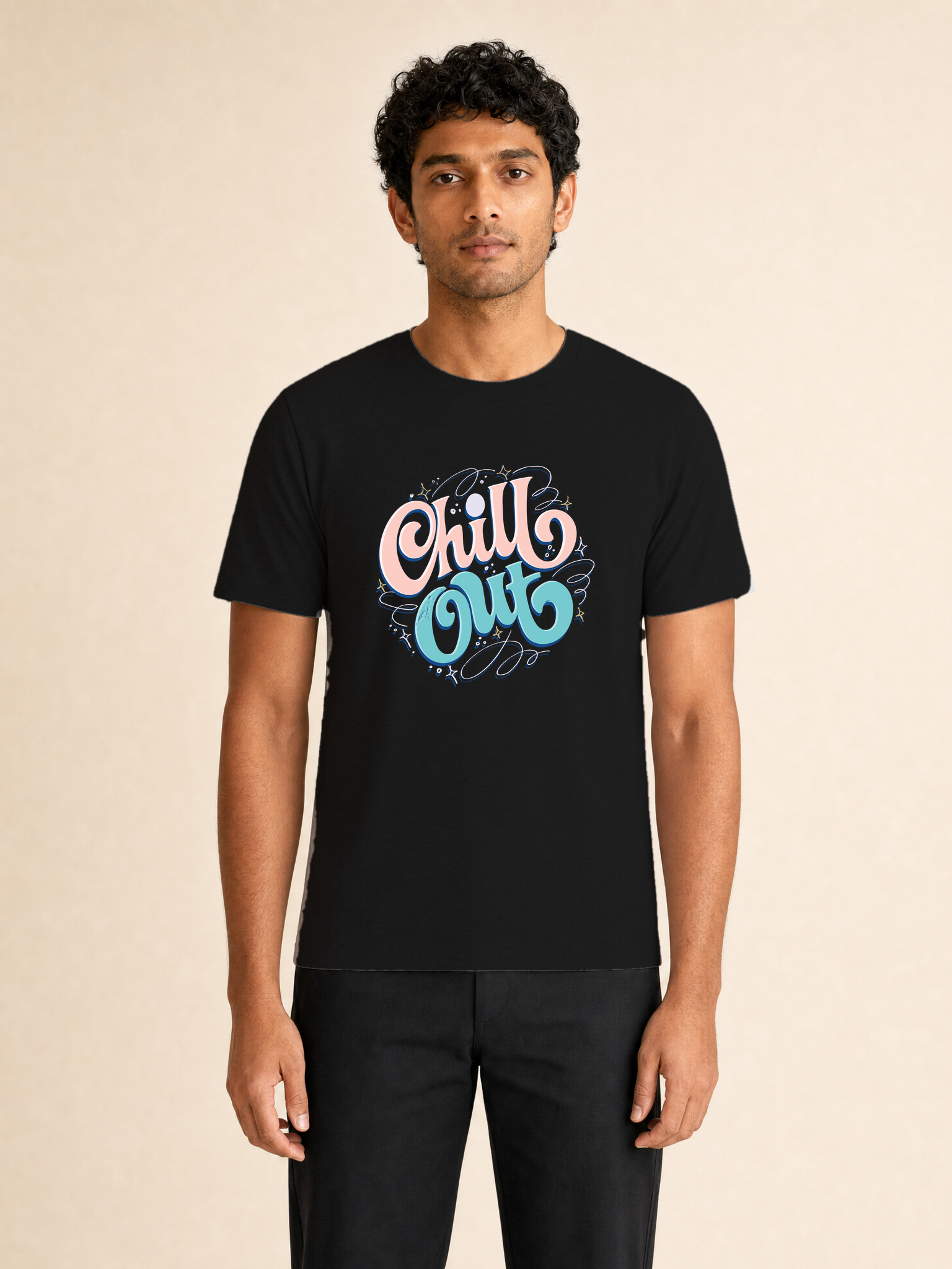 Chill Out Premium Tee — Male model, full body, Black