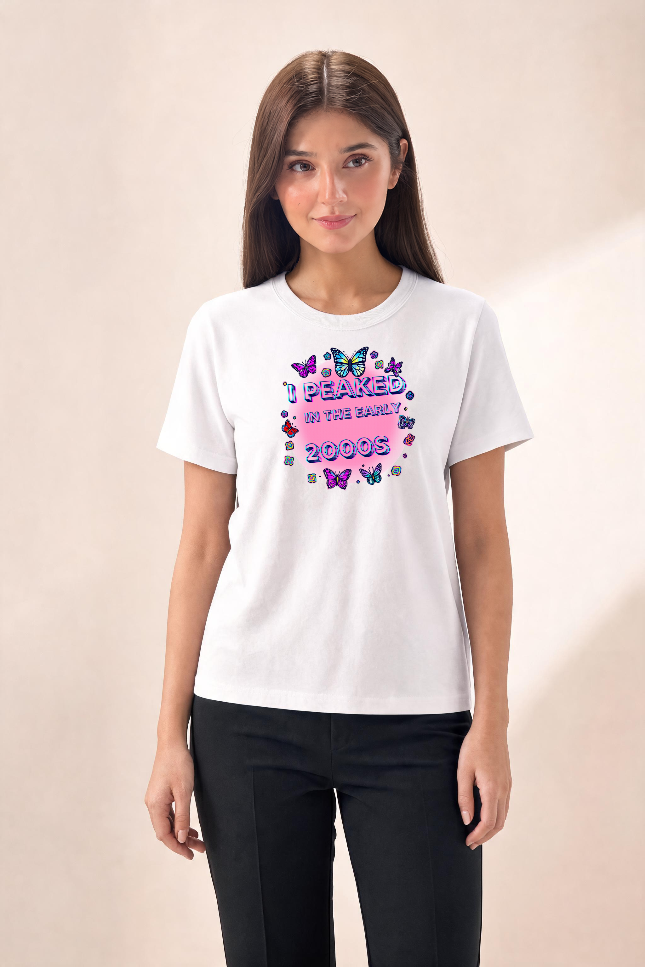 Chrome Finished Y2K Text With Colorful Icons Premium Tee — Female Model (White)