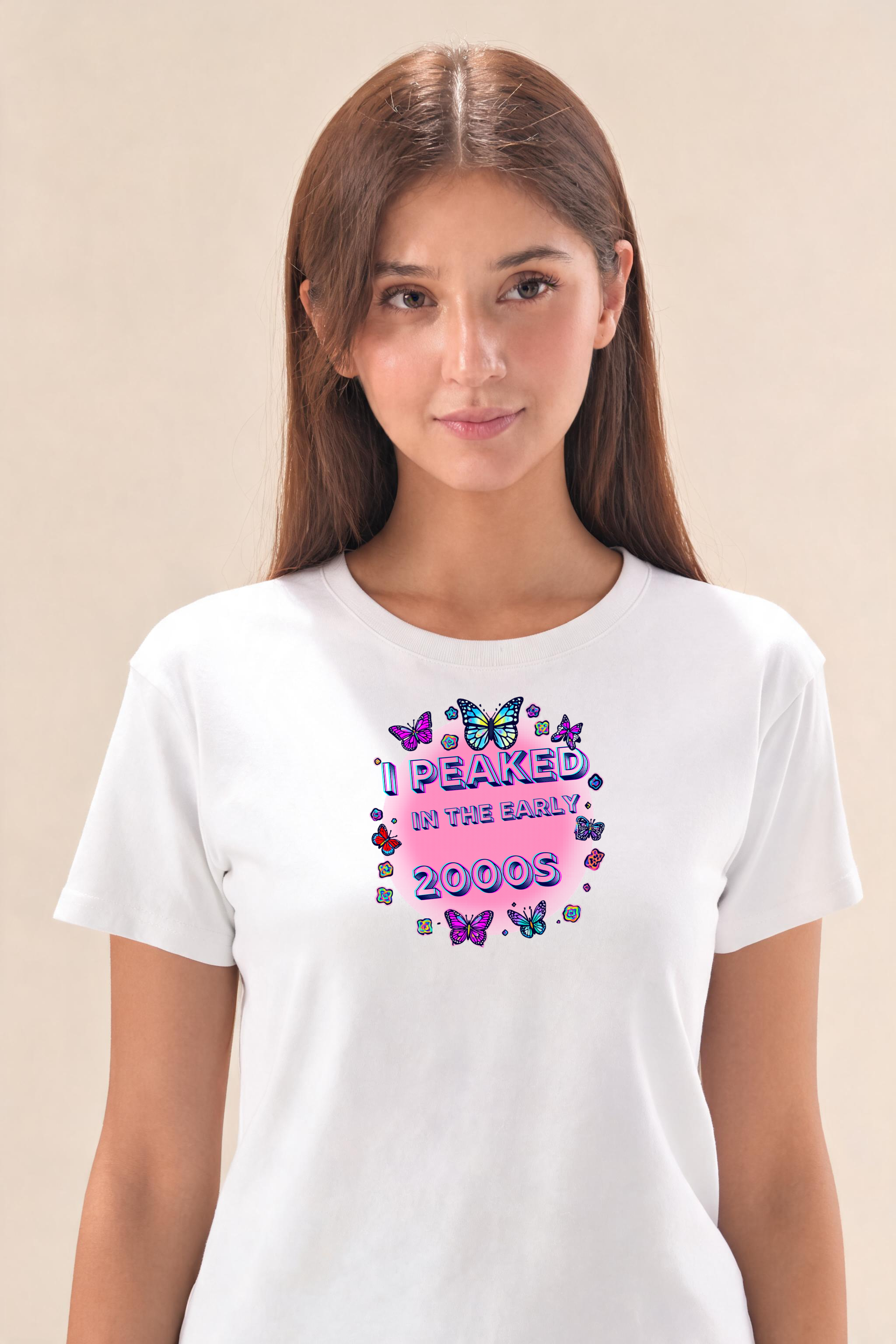 Chrome Finished Y2K Text With Colorful Icons Premium Tee — Female Model (White)
