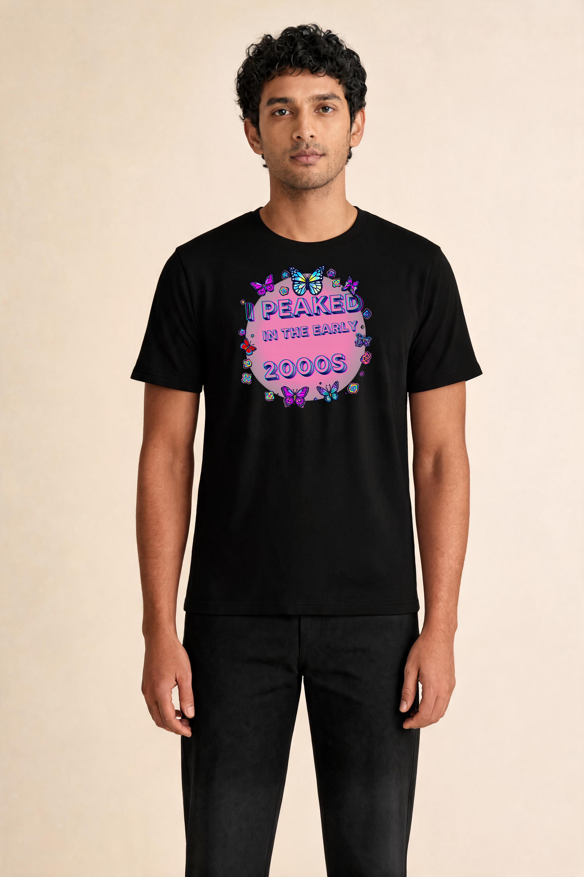 Chrome Finished Y2K Text With Colorful Icons Premium Tee — Male Model (Black)