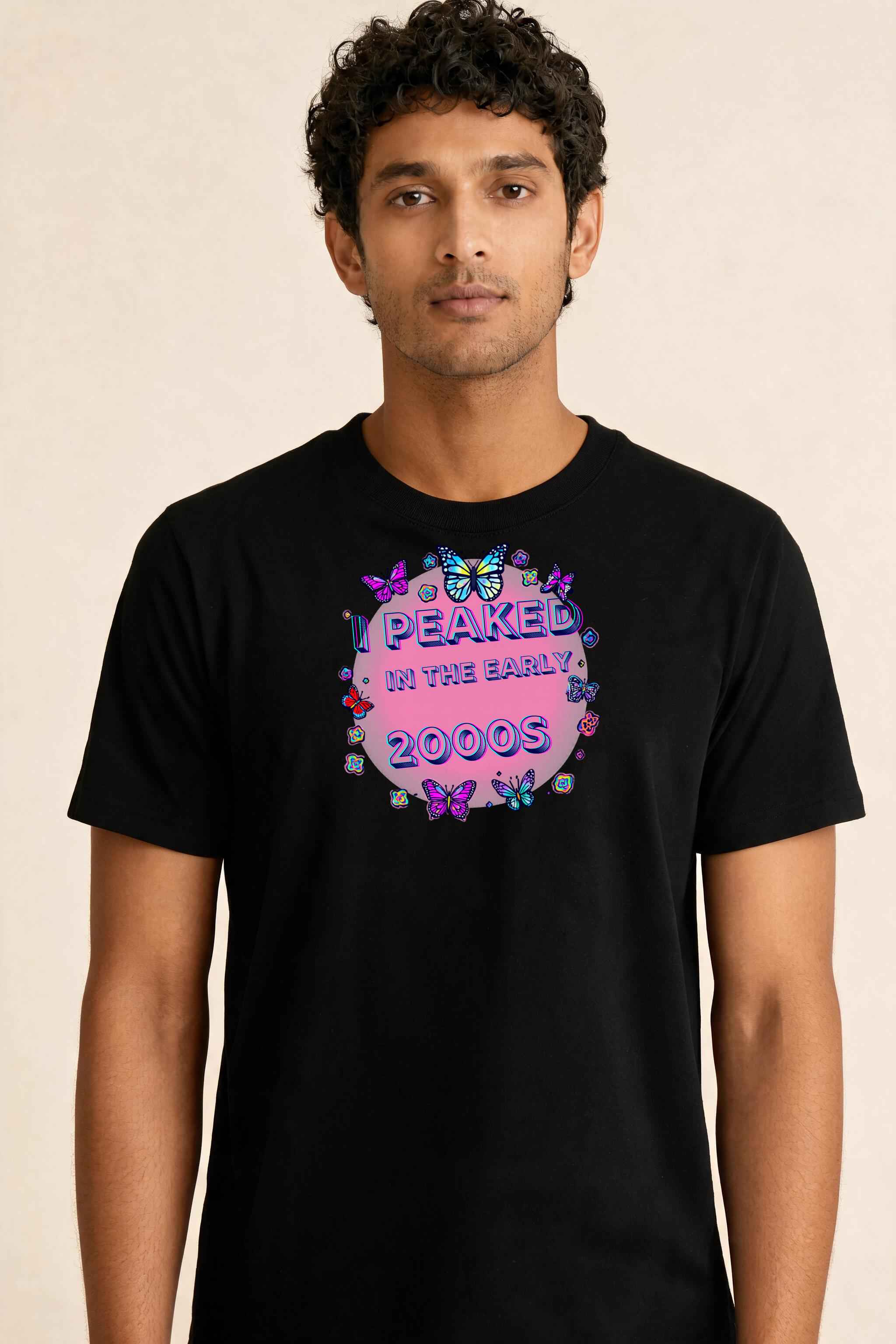Chrome Finished Y2K Text With Colorful Icons Premium Tee — Male Model (Black)