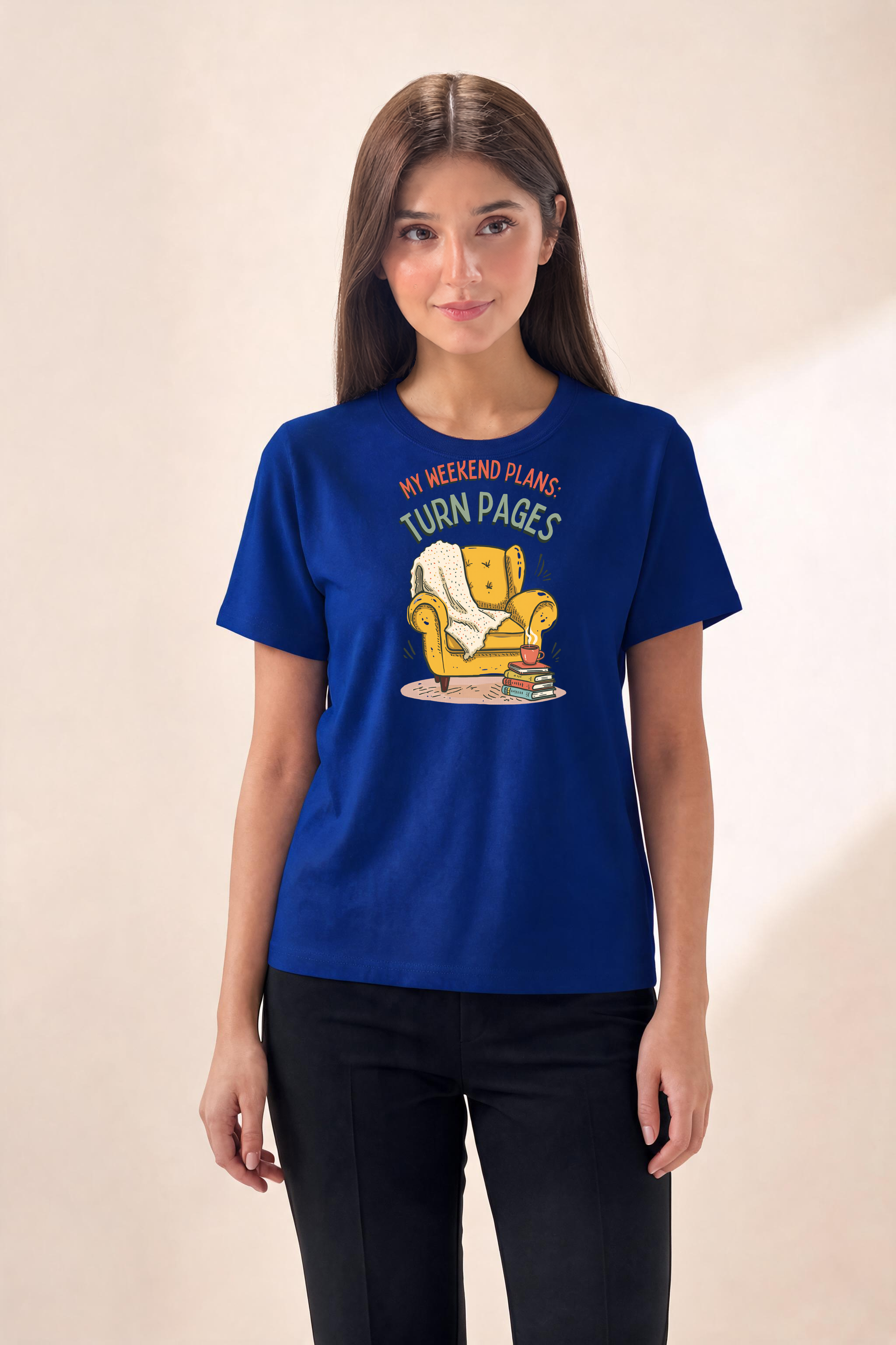 Cozy Reading Nook T Shirt Design Premium Tee — Female Model (Navy Blue)