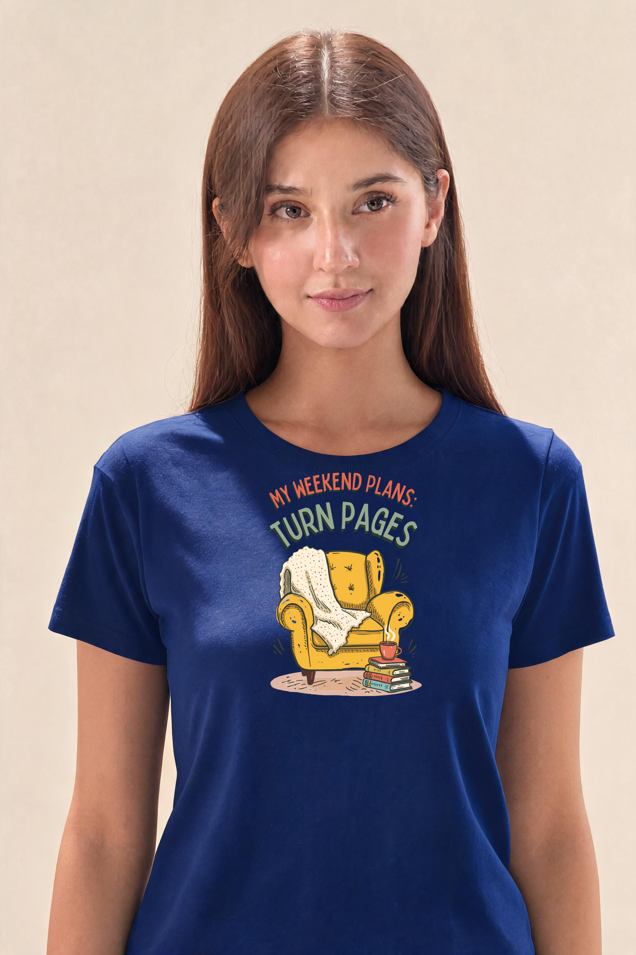 Cozy Reading Nook T Shirt Design Premium Tee — Female Model (Navy Blue)