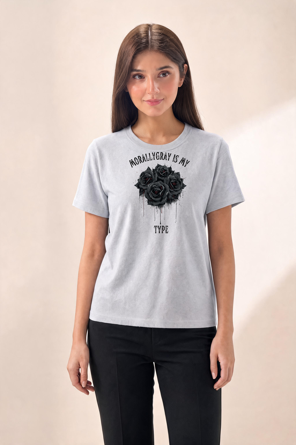 Curved Gothic Phrase With Romantic Roses Premium Tee — Female Model (Gray)