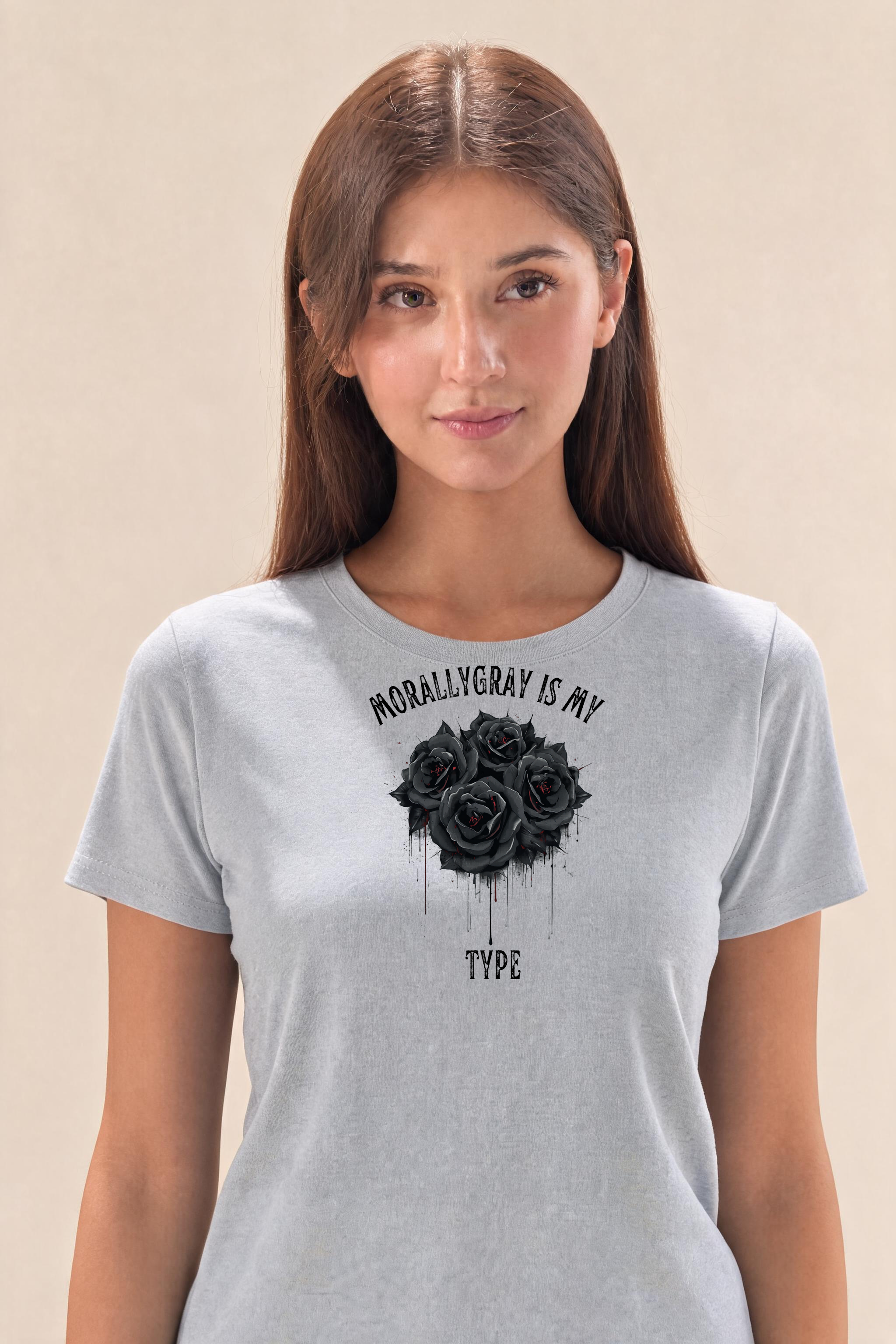 Curved Gothic Phrase With Romantic Roses Premium Tee — Female Model (Gray)