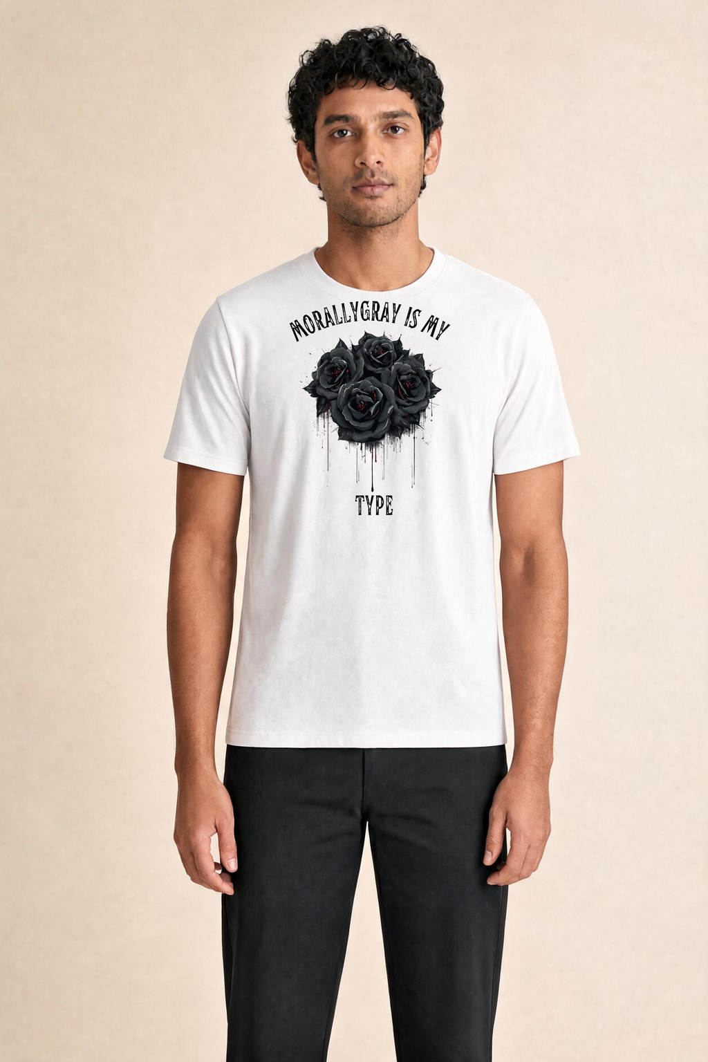 Curved Gothic Phrase With Romantic Roses Premium Tee — Male Model (White)