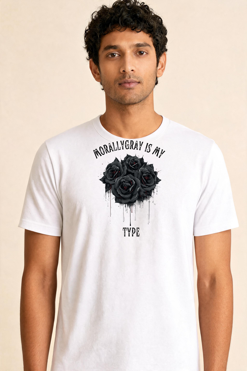 Curved Gothic Phrase With Romantic Roses Premium Tee — Male Model (White)
