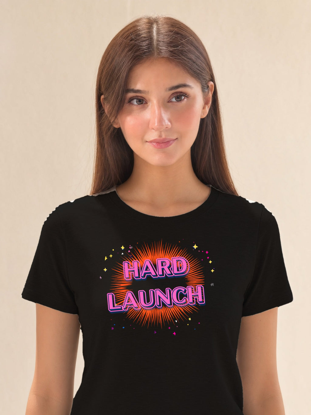 Hard Launch Bubble Letters - female model (closeup)