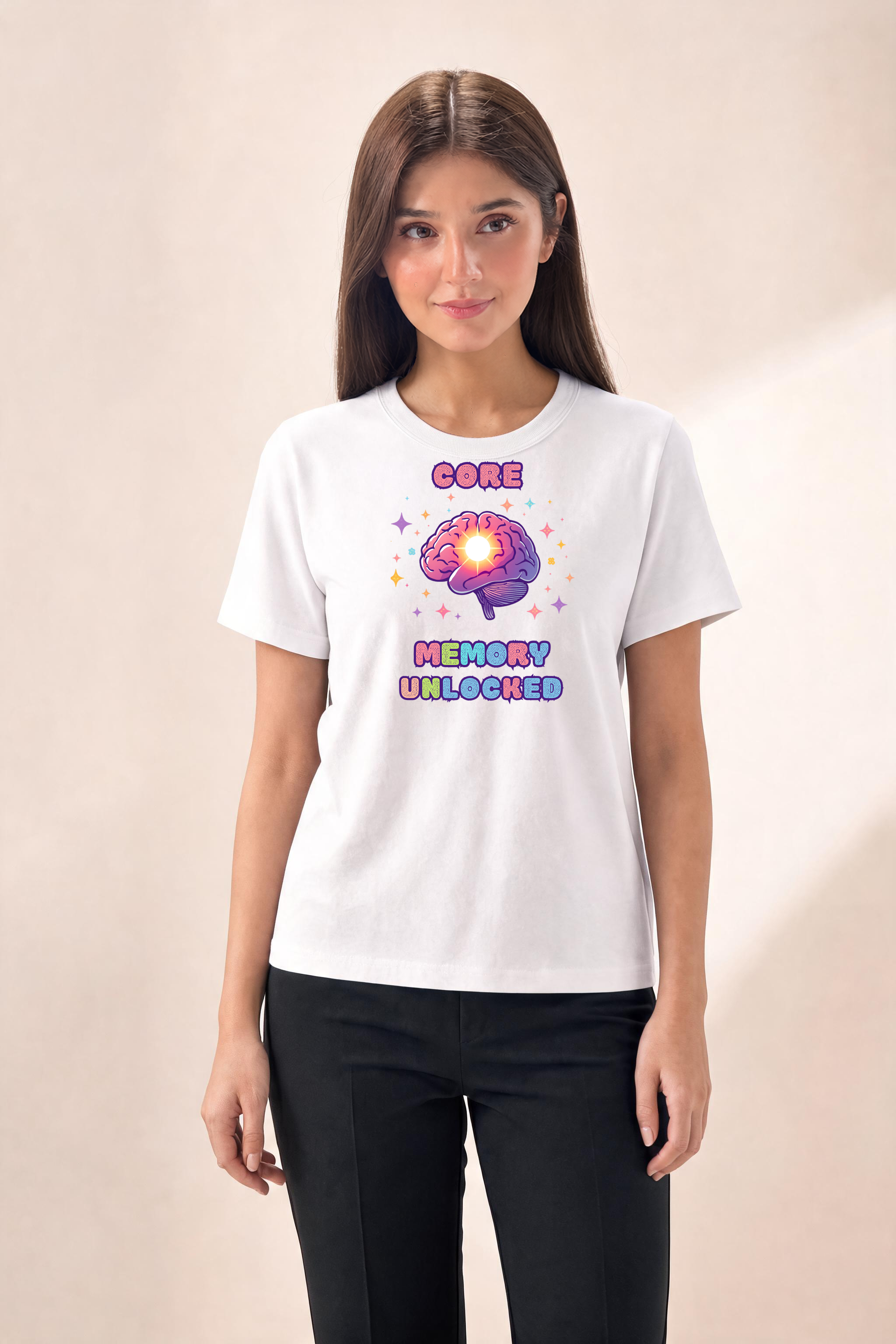 Digital Illustration Core Memory With Radiant Brain Premium Tee — Female Model (White)