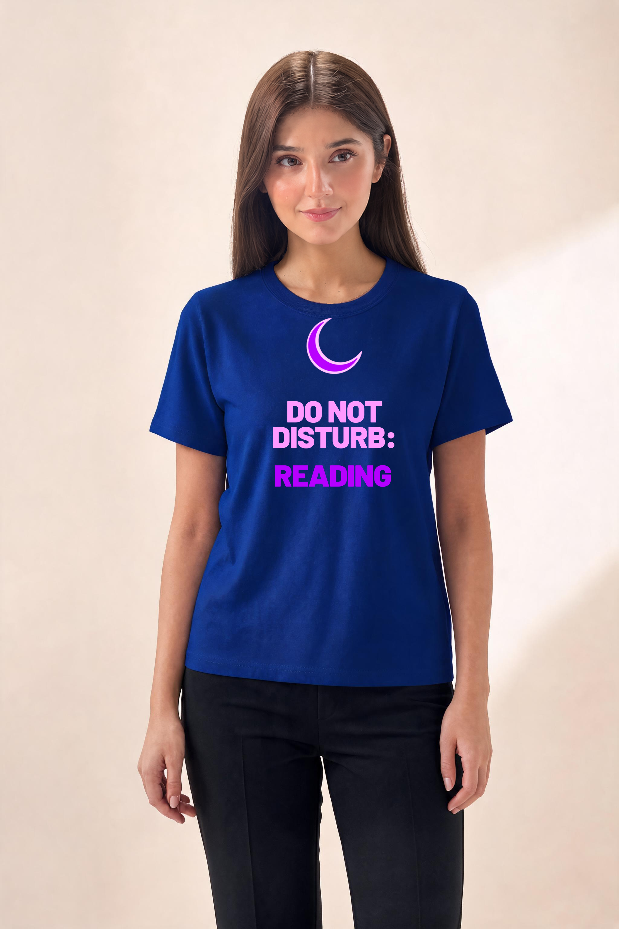 Dynamic Geometric Design With Book Icon Premium Tee — Female Model (Navy Blue)